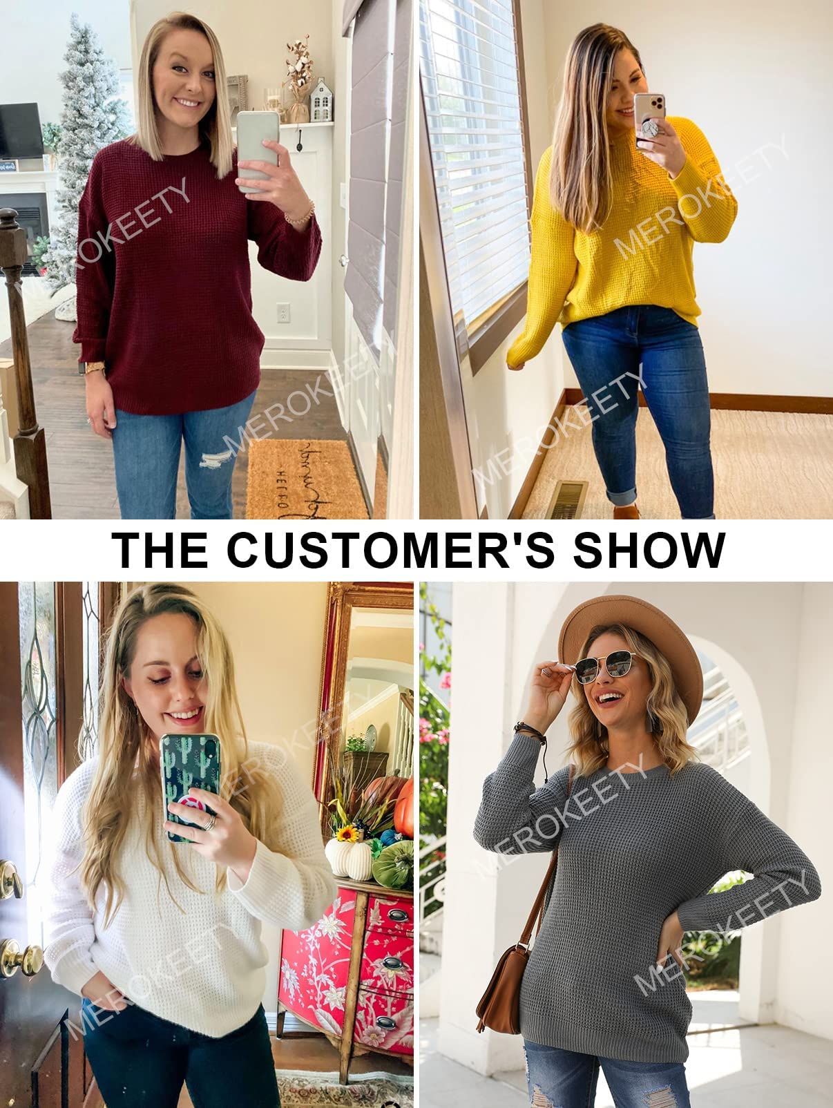 MEROKEETY Women's Long Sleeve Waffle Knit Sweater - Crew Neck Solid Color Pullover Jumper Tops for Fall Winter 2024 | Cozy Casual Wear for Office, Dating & Weekend Outfits