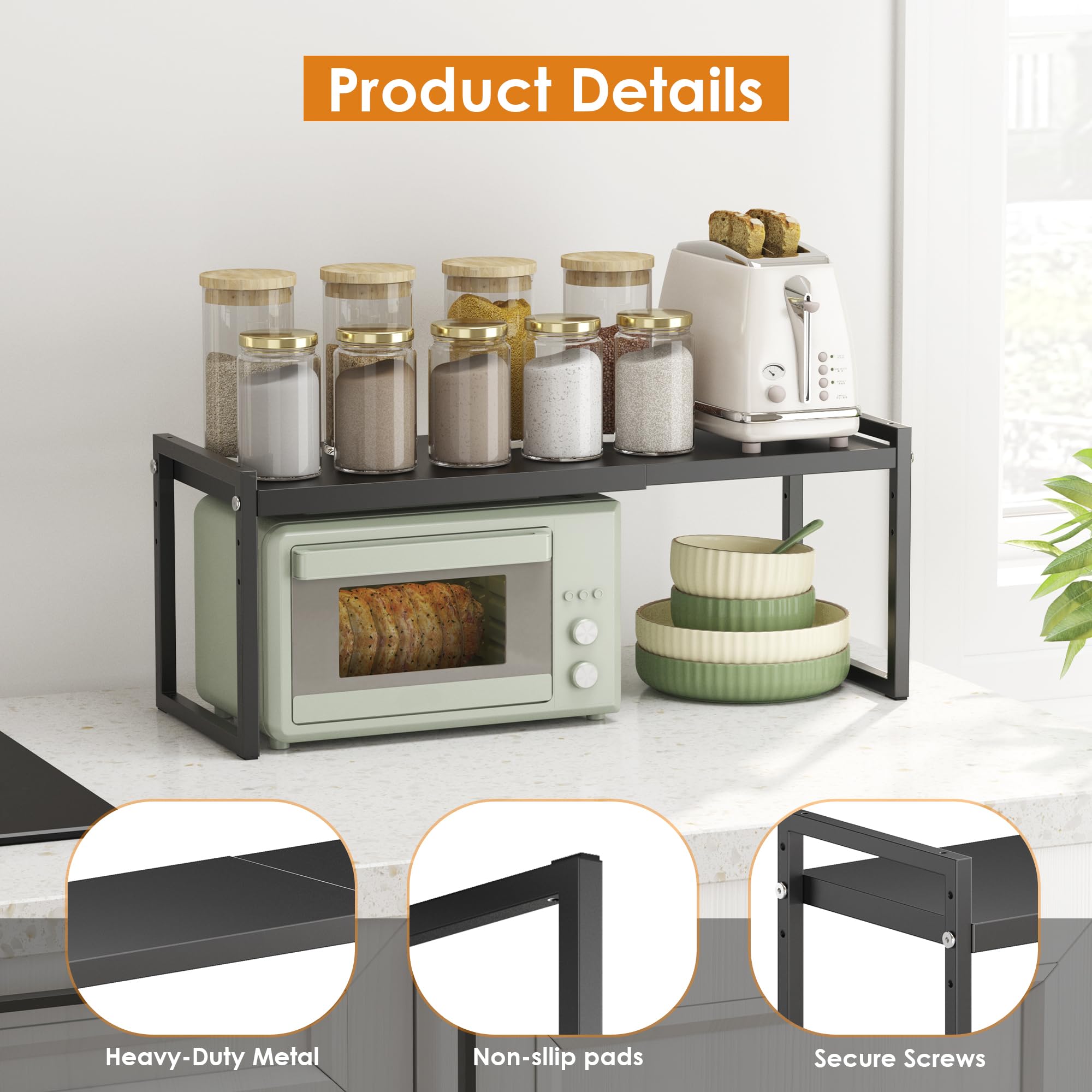 DOLALIKE Expandable Kitchen Countertop Organizer - Stackable Cabinet Shelf Organizer for Spices, Pantry & Bathroom Storage - Space Saving Shelf for Office & Home Use (Black, 1 Pack) - Perfect for Small Spaces & Clutter-Free Organization