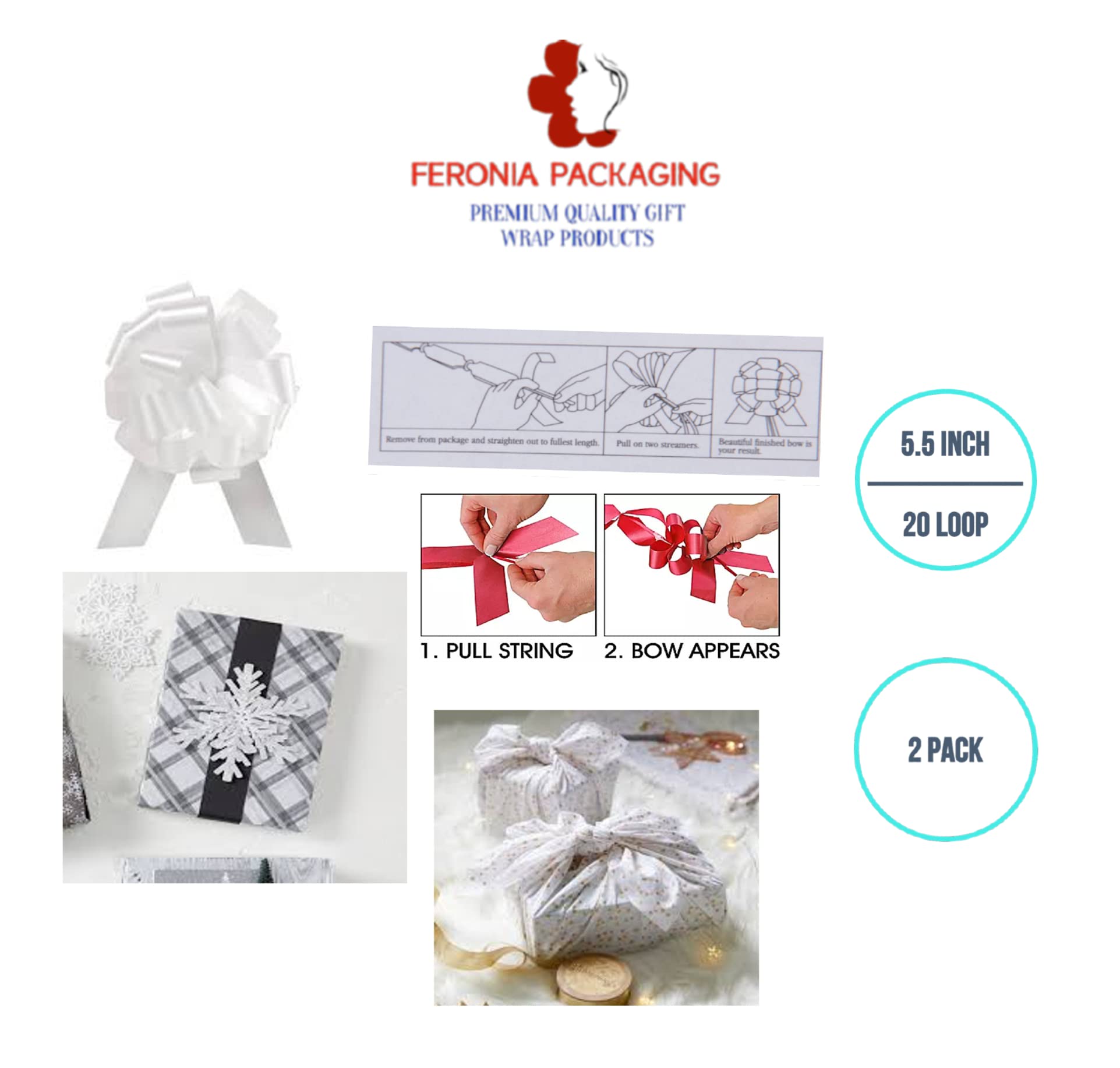 Feronia Packaging 2-Piece White Pull Bows for Gift Wrapping - 5.5 Inch 20 Loop Ribbon Bows for Wedding Gifts, Party Favors & Holiday Decorations