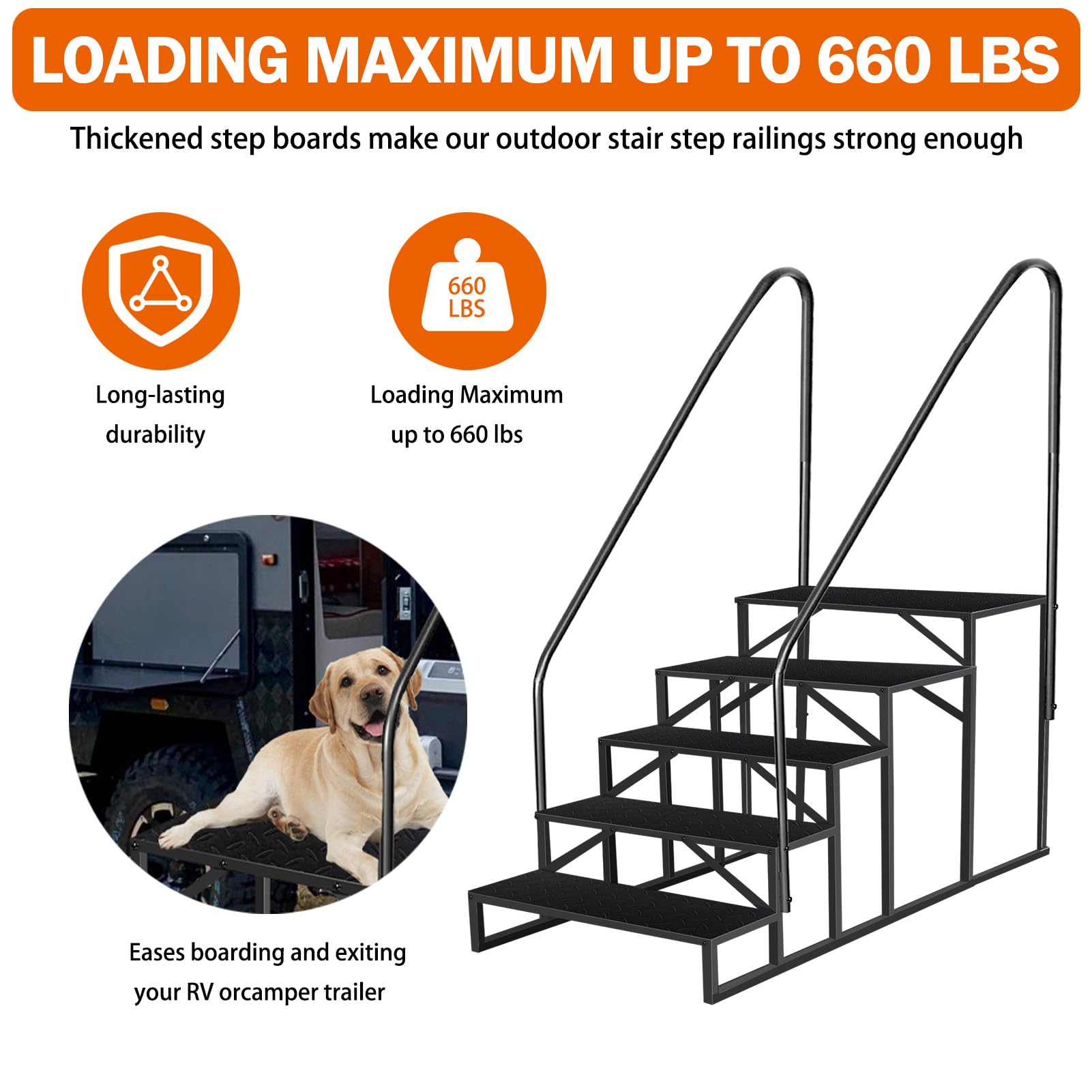 Heavy Duty 5-Step RV Ladder with Handrails - Sturdy Steel Camper Steps for Travel Trailers, Motorhomes & 5th Wheel RVs - Perfect for Outdoor Access, Poolside Use & Mobile Home Entry