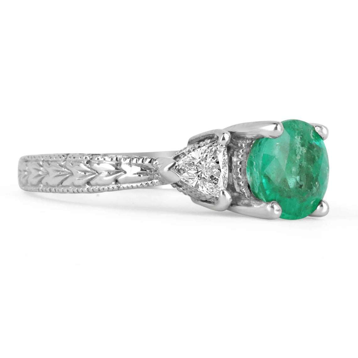 2.0tcw Round Emerald & Trillion Diamond Engagement Ring in 14K White Gold - Perfect for Proposals, Anniversaries & Special Occasions