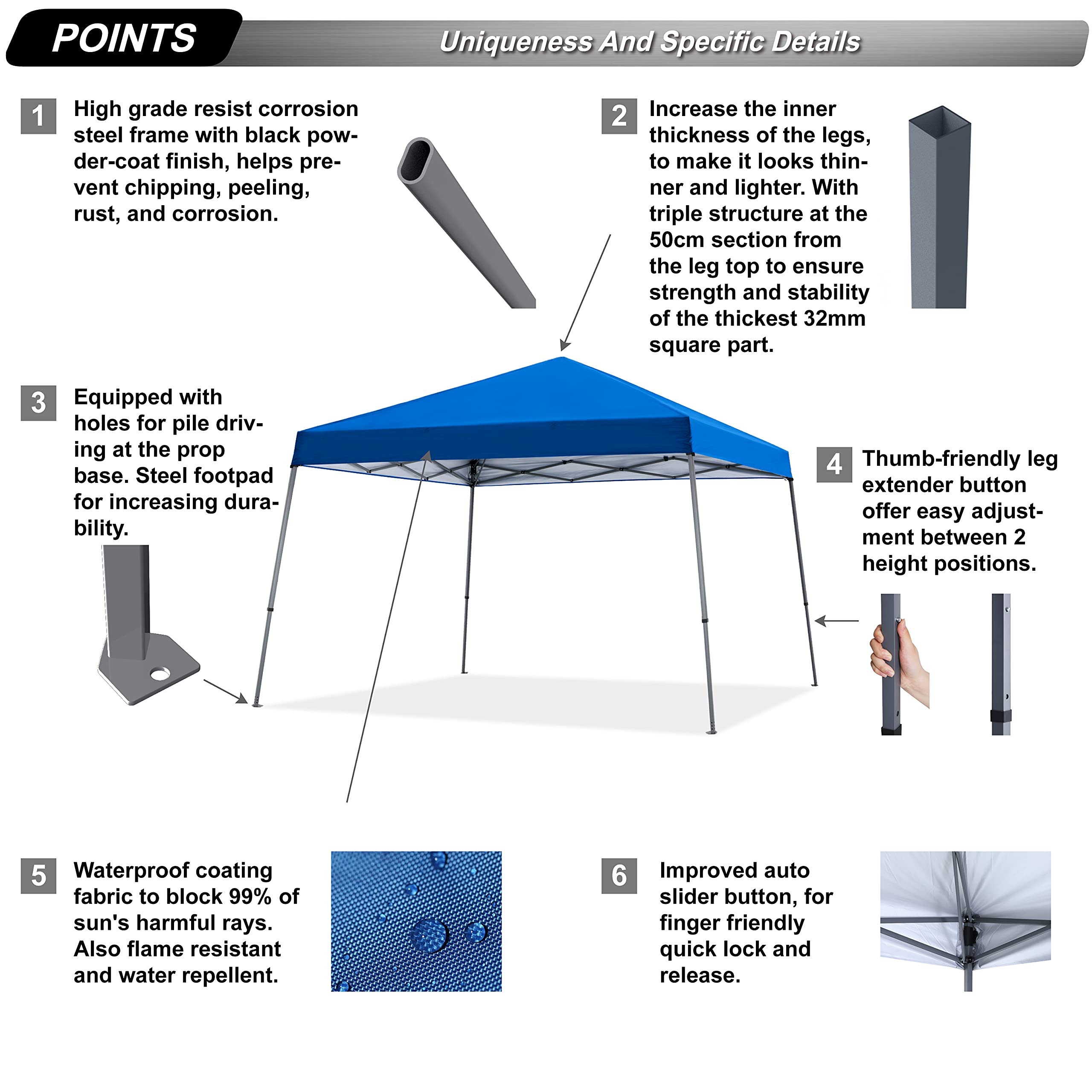 ABCCANOPY Stable Pop Up Outdoor Canopy Tent - Waterproof Instant Shelter for Camping, Beach, Picnic, Backyard Parties & Outdoor Events (Blue)