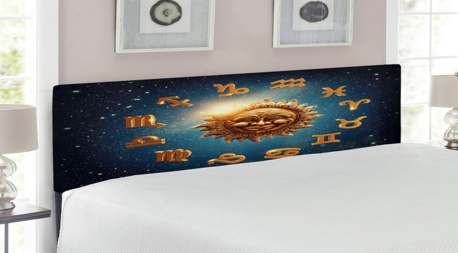 Ambesonne Astrology King Size Upholstered Headboard - Celestial Moon Sun Design with Stardust Nebula, Decorative Metal Bed Frame with Memory Foam in Dark Blue & Orange | Perfect for Bedroom Decor, Space-Themed Interiors & Zodiac Lovers