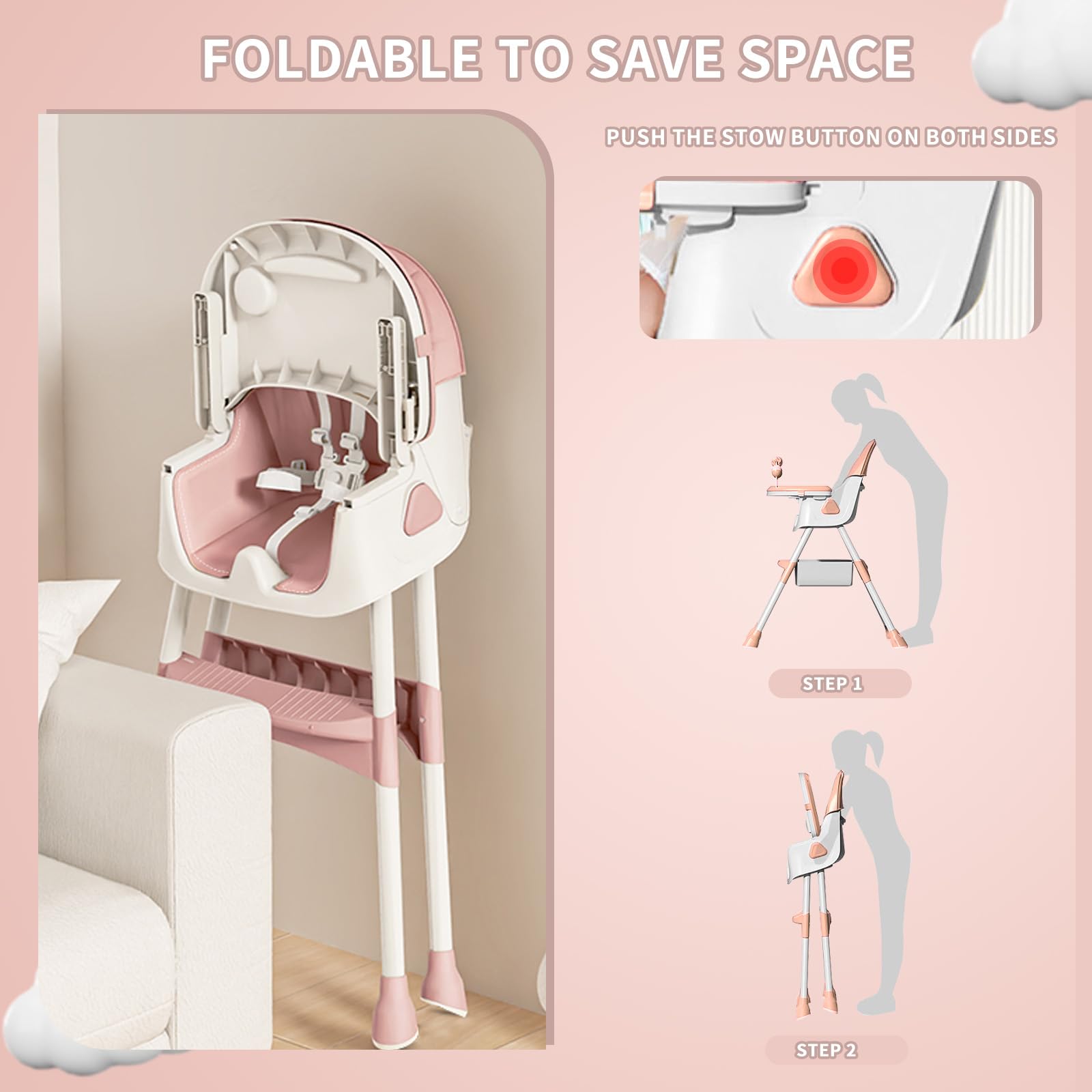 UBRAVOO 3-in-1 Foldable Baby High Chair - Convertible Portable Dining Chair with 5-Point Safety Harness, Double-Layer Tray & Toy Rack for Infants & Toddlers (Pink) - Perfect for Home, Restaurant & Travel Use
