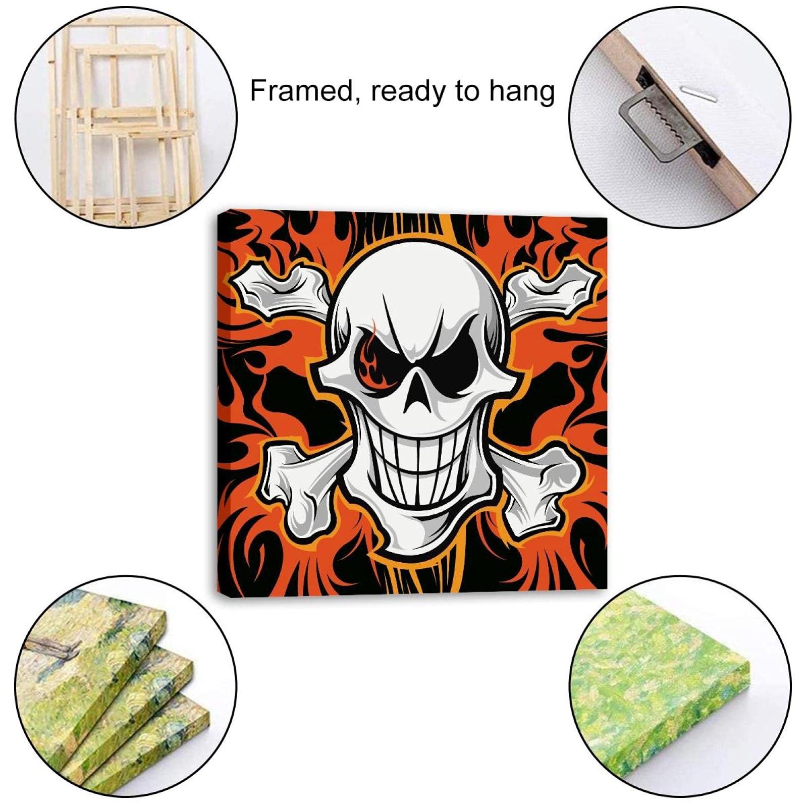 Framed Canvas Wall Art - Skull & Crossbones Fire Oil Painting - Gothic Decor for Living Room, Bedroom, Bathroom & Office - Unique Home Decoration for Halloween, Pirate Theme & Dark Aesthetic Spaces