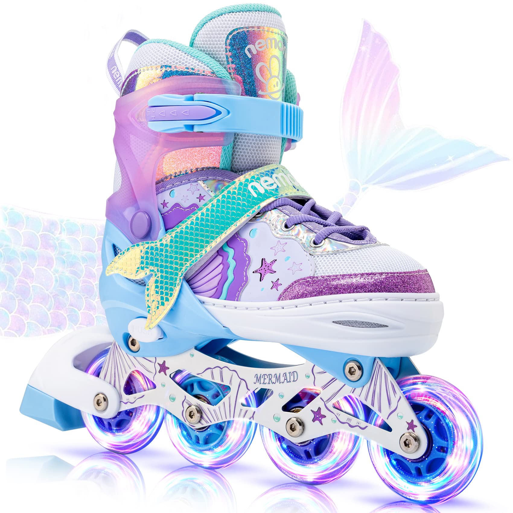 NEMONE Adjustable 4-Wheel Inline Skates for Girls & Kids - LED Light Up Roller Skates, Perfect Gift for Birthday & Outdoor Play (Pink/Blue) - Great for Park, Rink & Neighborhood Fun