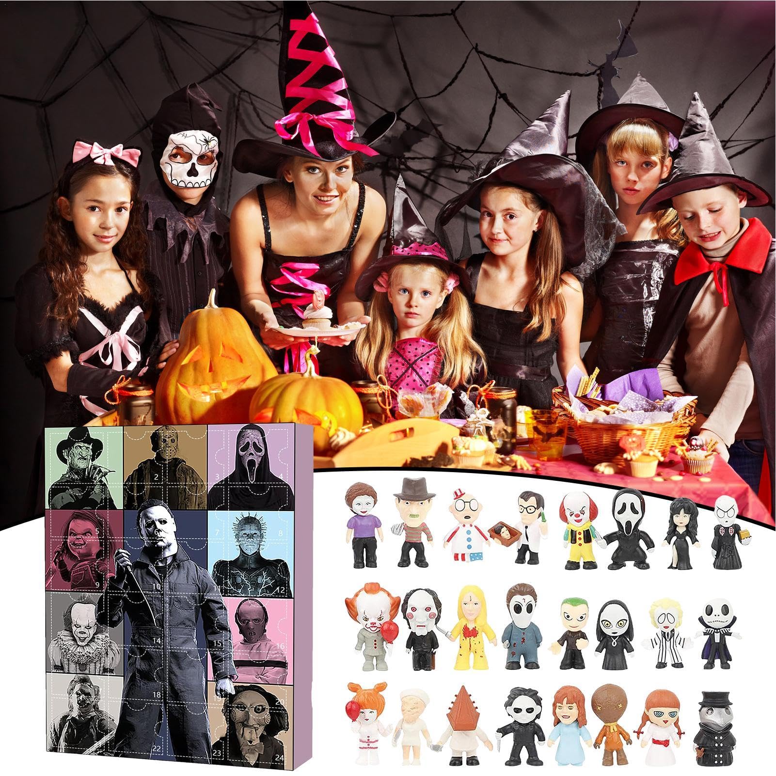 Halloween Countdown Calendar with 24 Spooky Surprise Dolls & Horror Movie Figures | 24-Day Advent Calendar for Halloween Party Decorations & Gift Giving