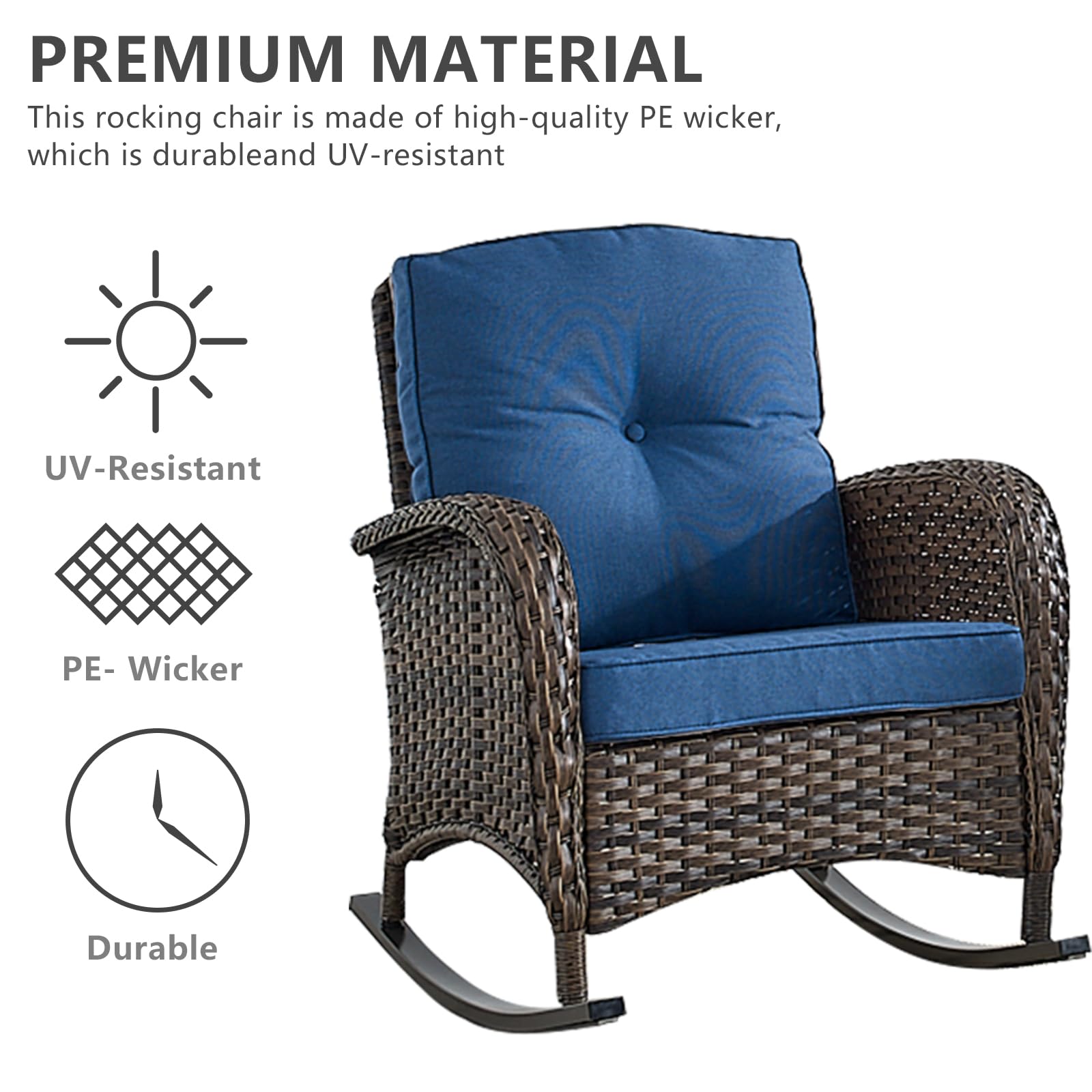HUMMUH 3-Piece All-Weather PE Wicker Outdoor Rocking Chair Set with Side Table & Cushions - Patio, Porch, Balcony Furniture for Relaxing & Entertaining