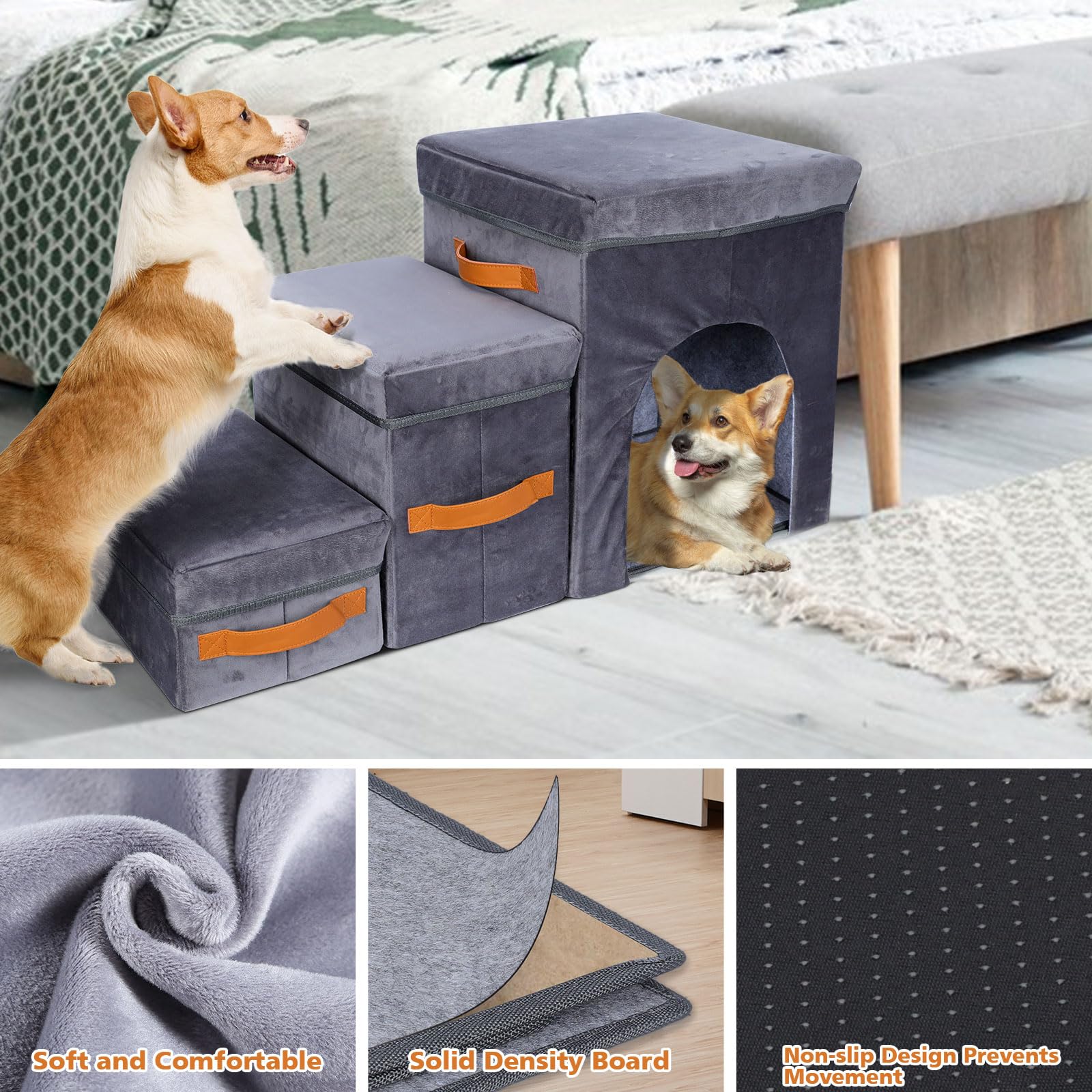 Topmart 3-Step Foldable Dog Stairs for Small & Senior Pets - Lightweight Pet Ramp with Storage Boxes & Dog Condo - Perfect for Beds, Couches & Cars - Helps Injured, Elderly & Short-Legged Dogs Climb Safely