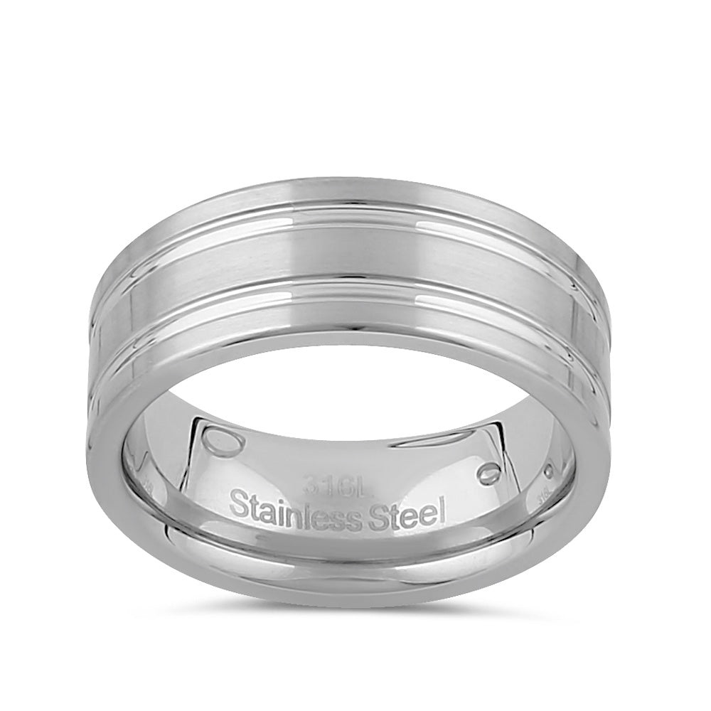 8mm Brushed Stainless Steel Men's Wedding Band with Grooves - Durable & Stylish Ring for Men's Jewelry, Engagement, Anniversary Gifts