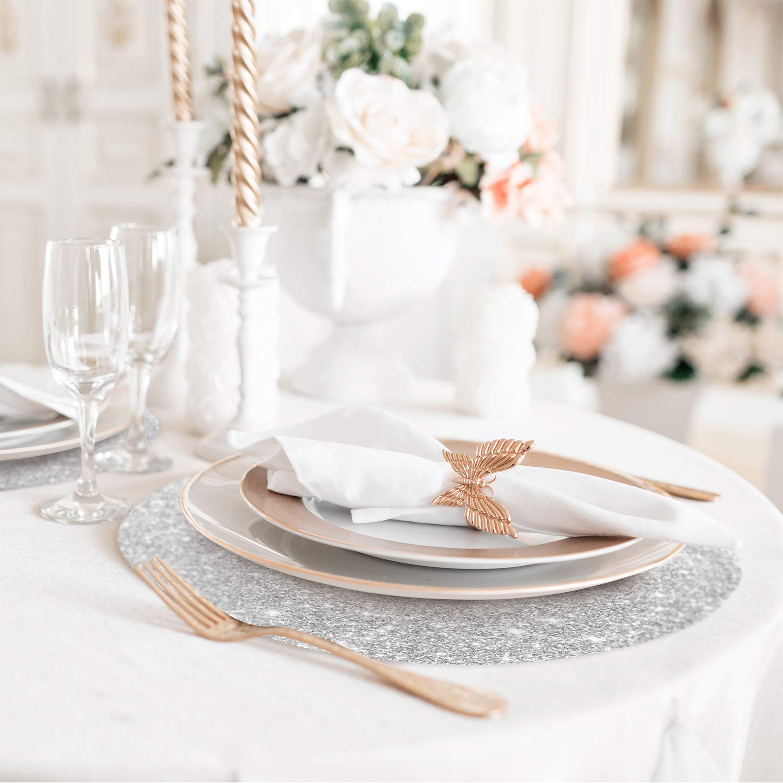 Sparkling Silver Glitter Round Placemats Set of 4 - 15.4 Inch Wedding & Dining Table Decor - Elegant Table Setting for Parties, Anniversaries & Special Occasions