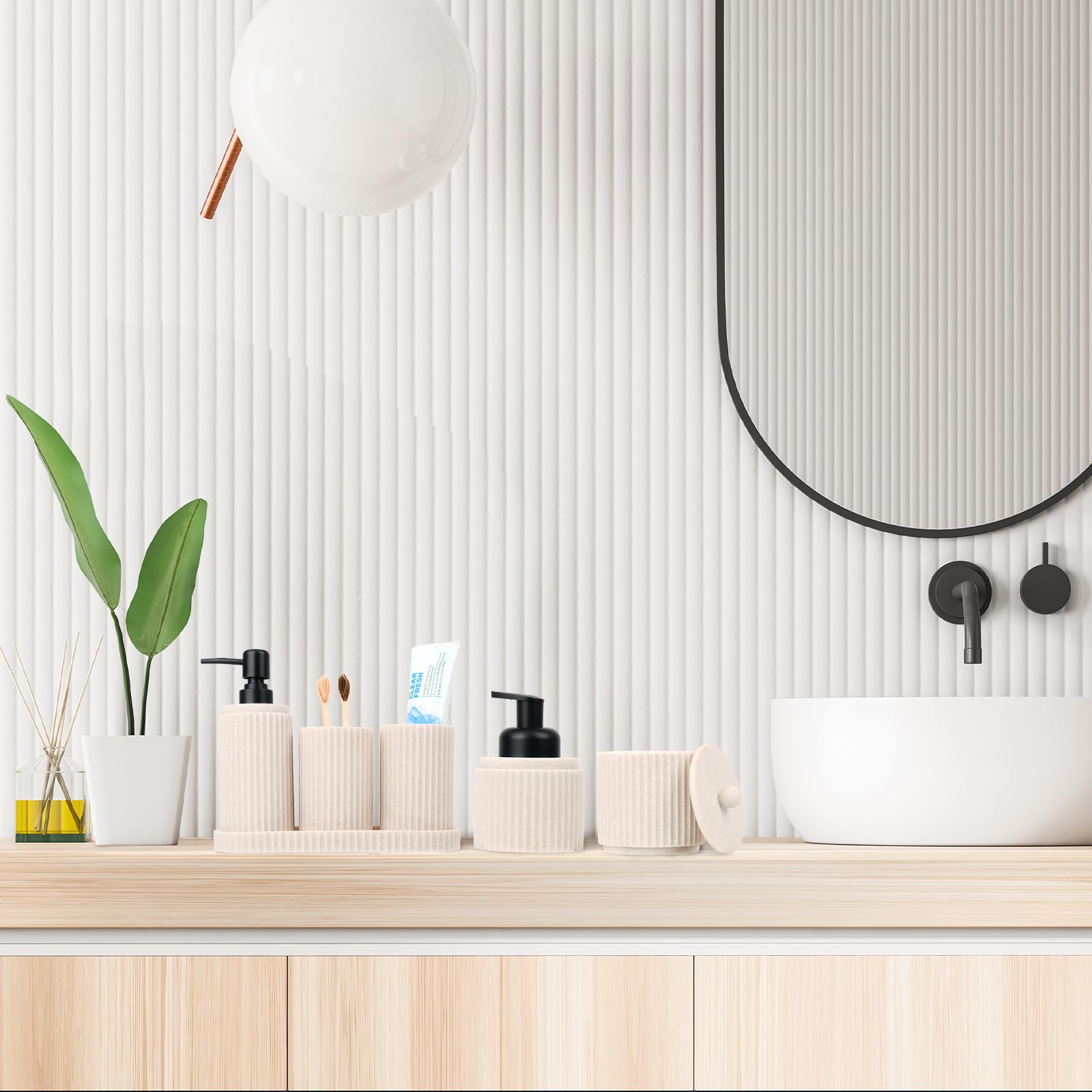 Beige Bathroom Accessory Set - 6 Piece Modern Vanity Organizer with Toothbrush Holder, Soap Dispenser, Q-Tip Jar & Tray - Spa Style Countertop Decor for Master Bath & Guest Room
