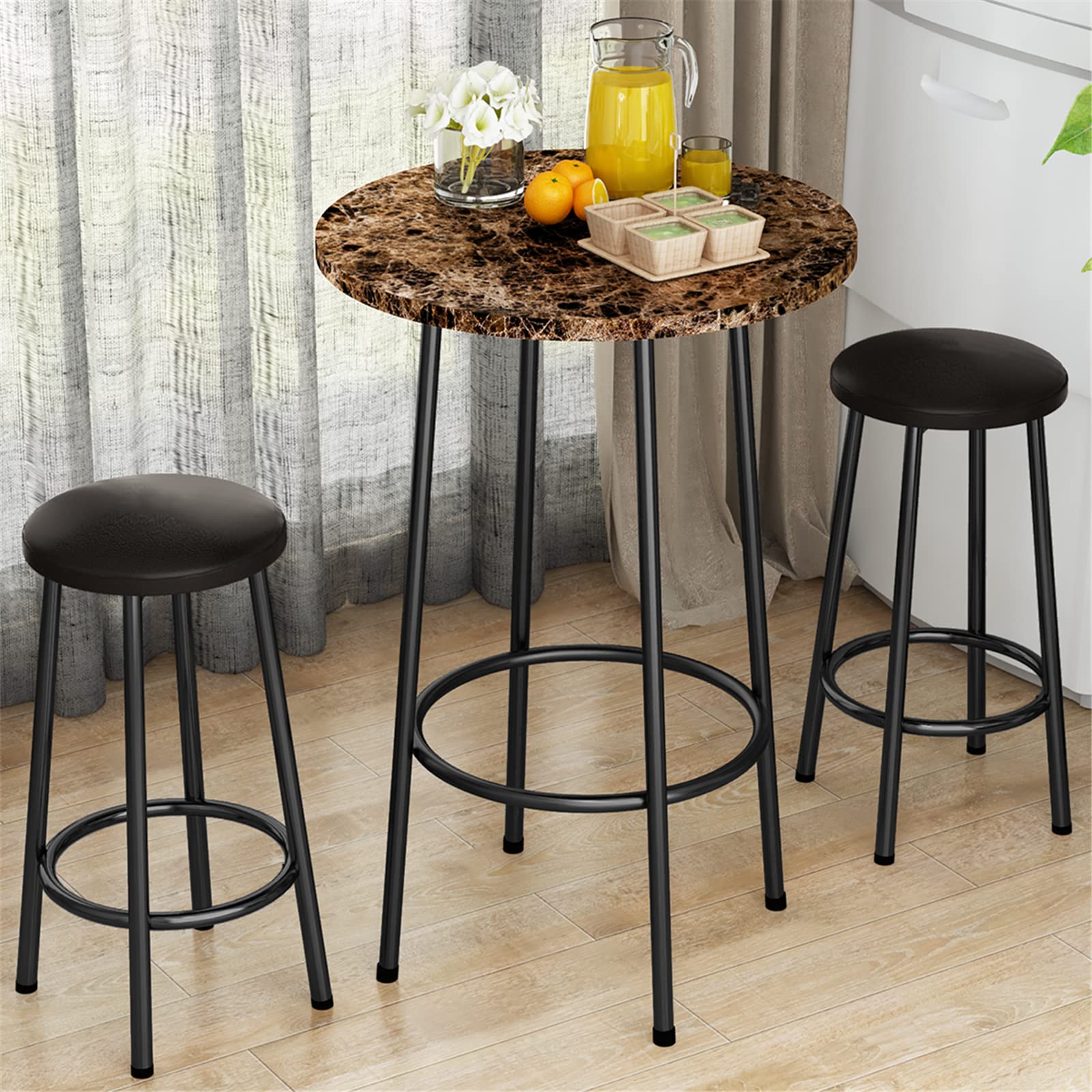 Recaceik 23.6” Round Pub Dining Table Set with 2 Stools - 3-Piece Metal Frame Breakfast Bar Set for Kitchen, Dining Room & Small Spaces - Brown | Perfect for Apartments, Breakfast Nooks & Compact Dining Areas