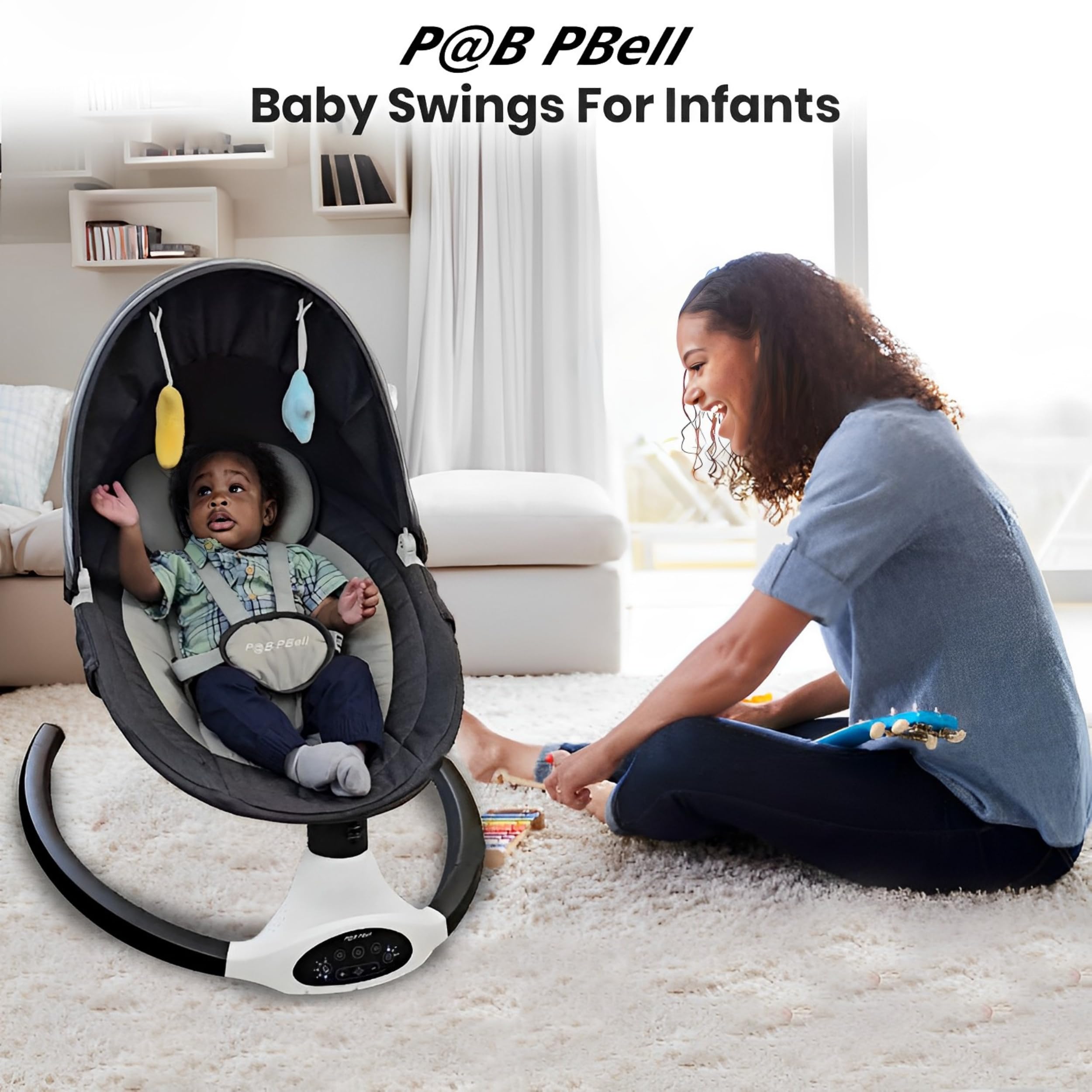 PBell Electric Baby Swing for Infants & Toddlers - Portable Bluetooth Baby Swinger with 5 Speeds, Remote Control & Music Speaker - Newborn Rocker with 5-Point Safety Belt & 2 Toys (Black) - Perfect for Nursery, Travel & Soothing Fussy Babies