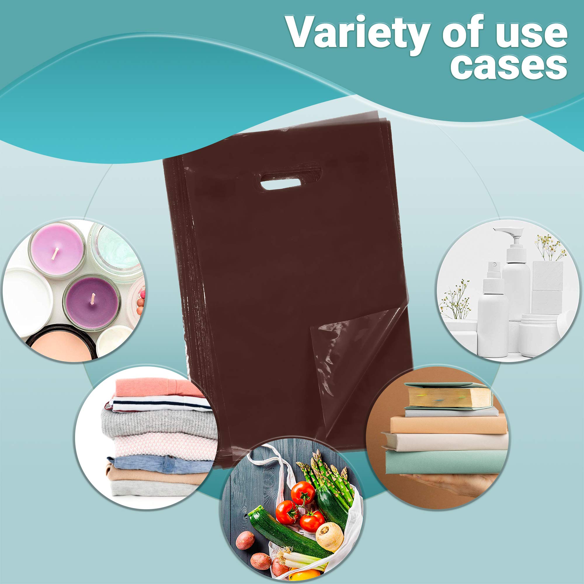 APQ 1000 Pack Brown Shopping Bags with Die-Cut Handles 12x15 Inches - 1 Mil Thickness Lightweight LDPE Retail Plastic Bags for Grocery, Boutique & Gift Packaging | Eco-Friendly & Durable