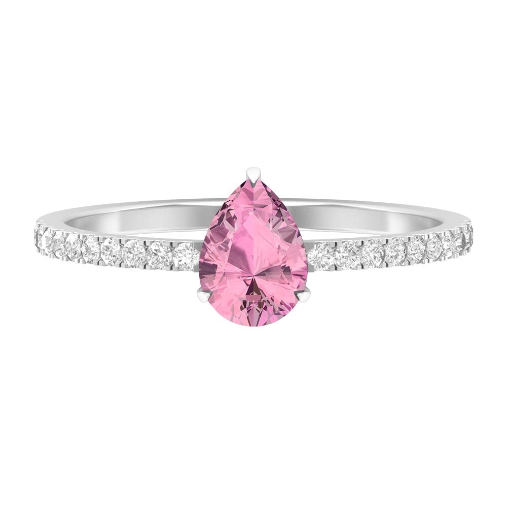 14K Solid Gold Pear Cut Pink Tourmaline Solitaire Ring with Diamond Side Stones | Elegant Teardrop Gemstone Jewelry for Engagement, Anniversary & Special Occasions