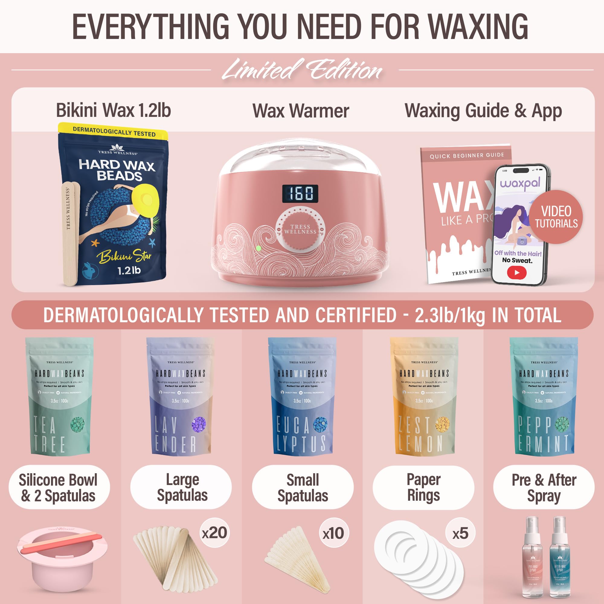 Tress Wellness Waxing Kit with Silicone Bowl - Professional Bikini Wax for Smooth Skin at Home | DIY Hair Removal for Women, Legs & Face