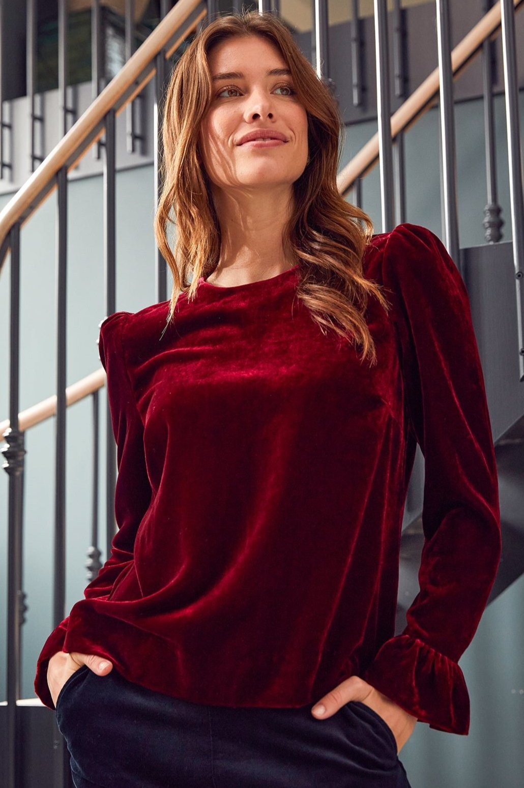 Victoria Velvet Top for Women | Elegant Ruby Red Blouse with Long Sleeves - Perfect for Parties, Date Nights & Special Occasions