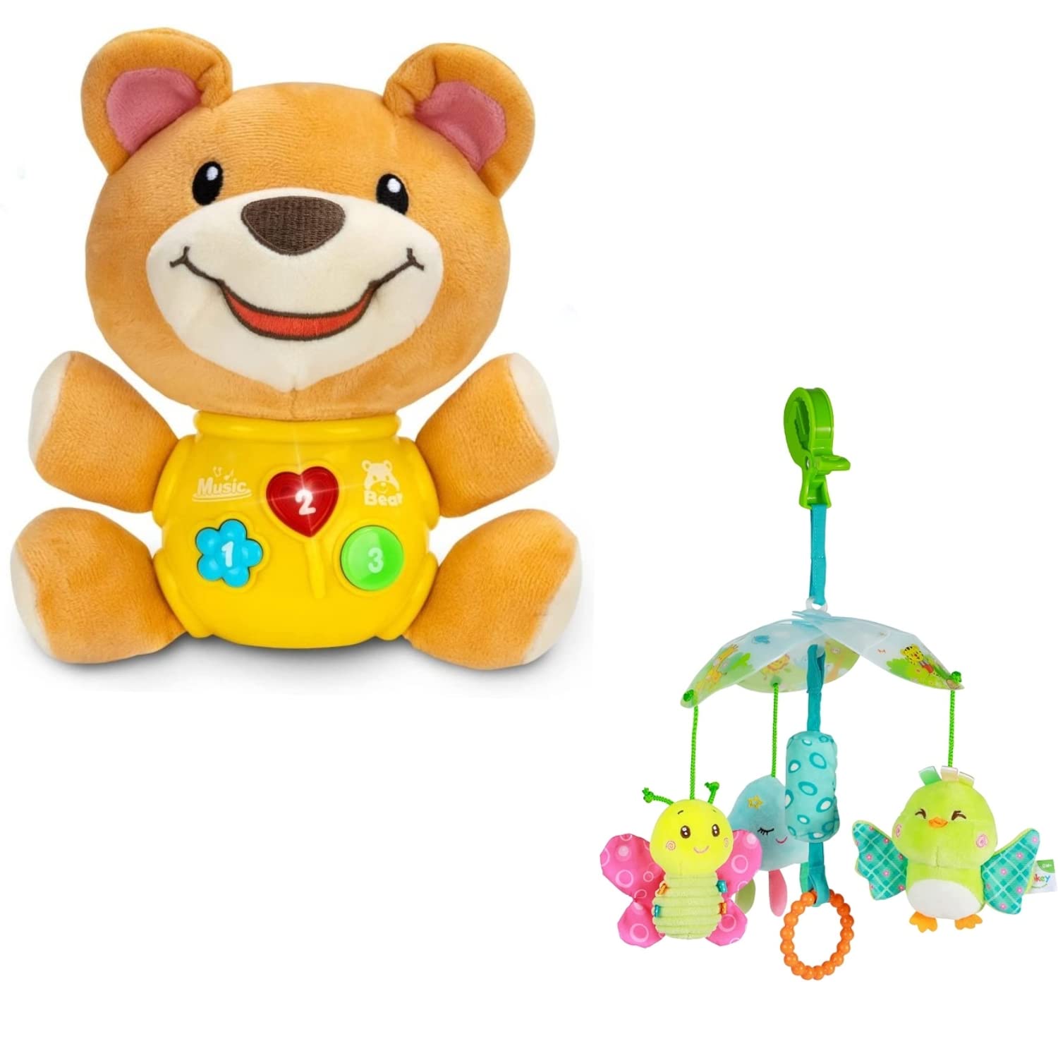 **Funsland 2-Pack Baby Stroller & Car Seat Toys - Soft Plush Musical Toys for Infants | Perfect for On-the-Go Entertainment & Soothing**