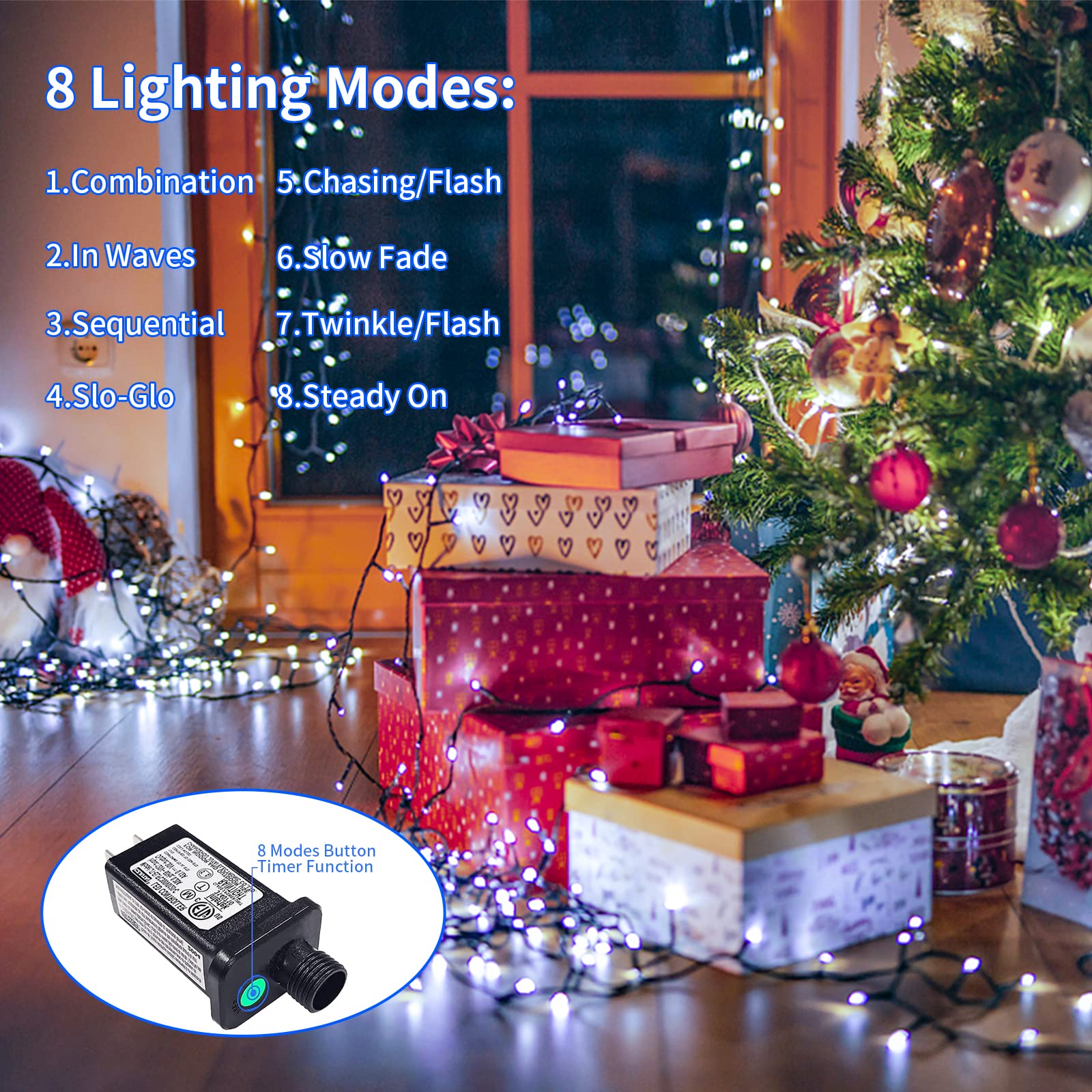 JMEXSUSS 200 LED White Christmas Lights Outdoor - 66ft Waterproof Twinkle String Lights with 8 Modes & Green Wire - Perfect for Christmas Tree, Xmas Wedding, Party & Indoor/Outdoor Holiday Decorations