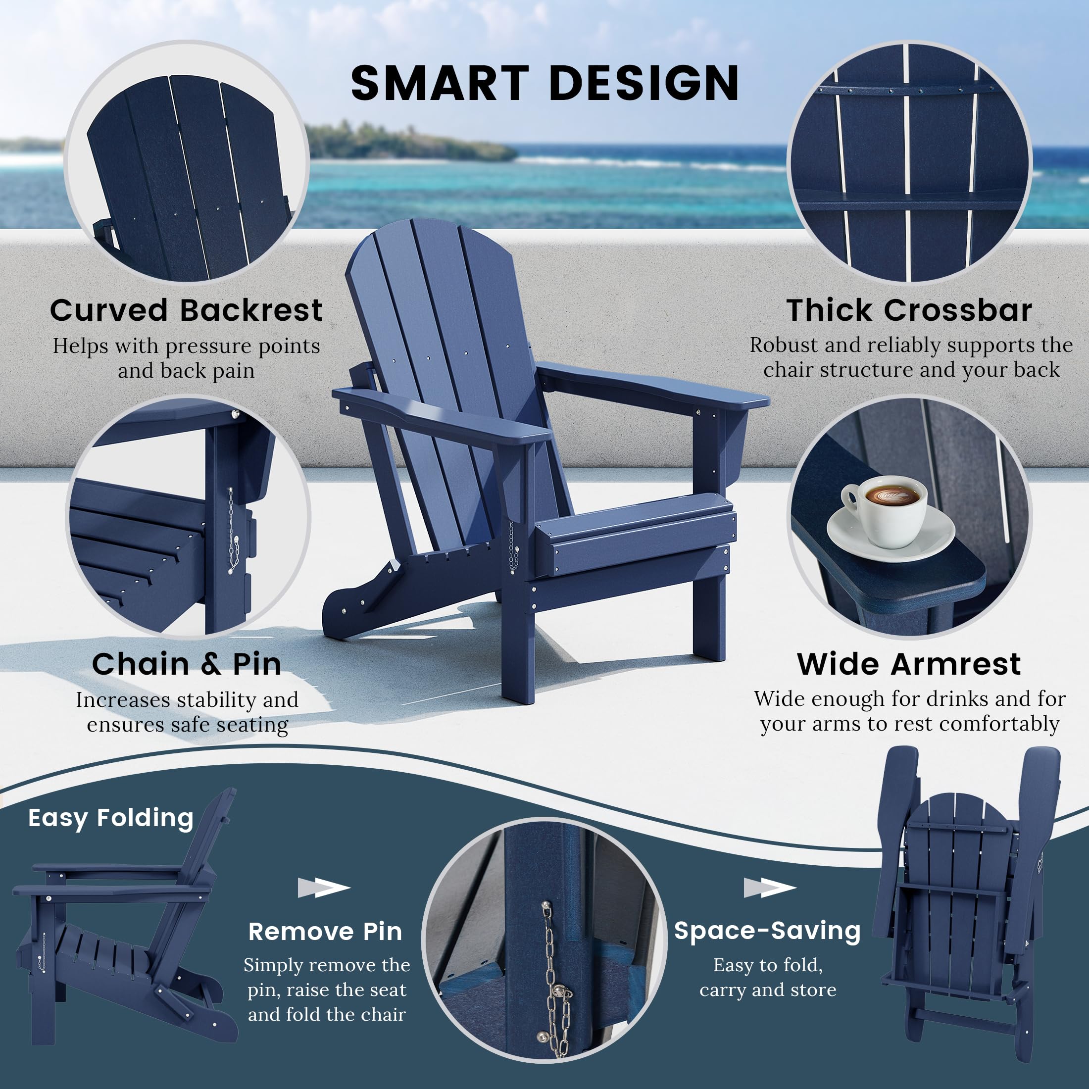 **WO Home Furniture Adirondack Chair Lounger - Outdoor Folding Chair for Fire Pit, Beach, Balcony, Backyard, Lawn, Patio, Pool, Deck & Garden - Navy Blue - Perfect for Relaxing, Sunbathing & Outdoor Gatherings**