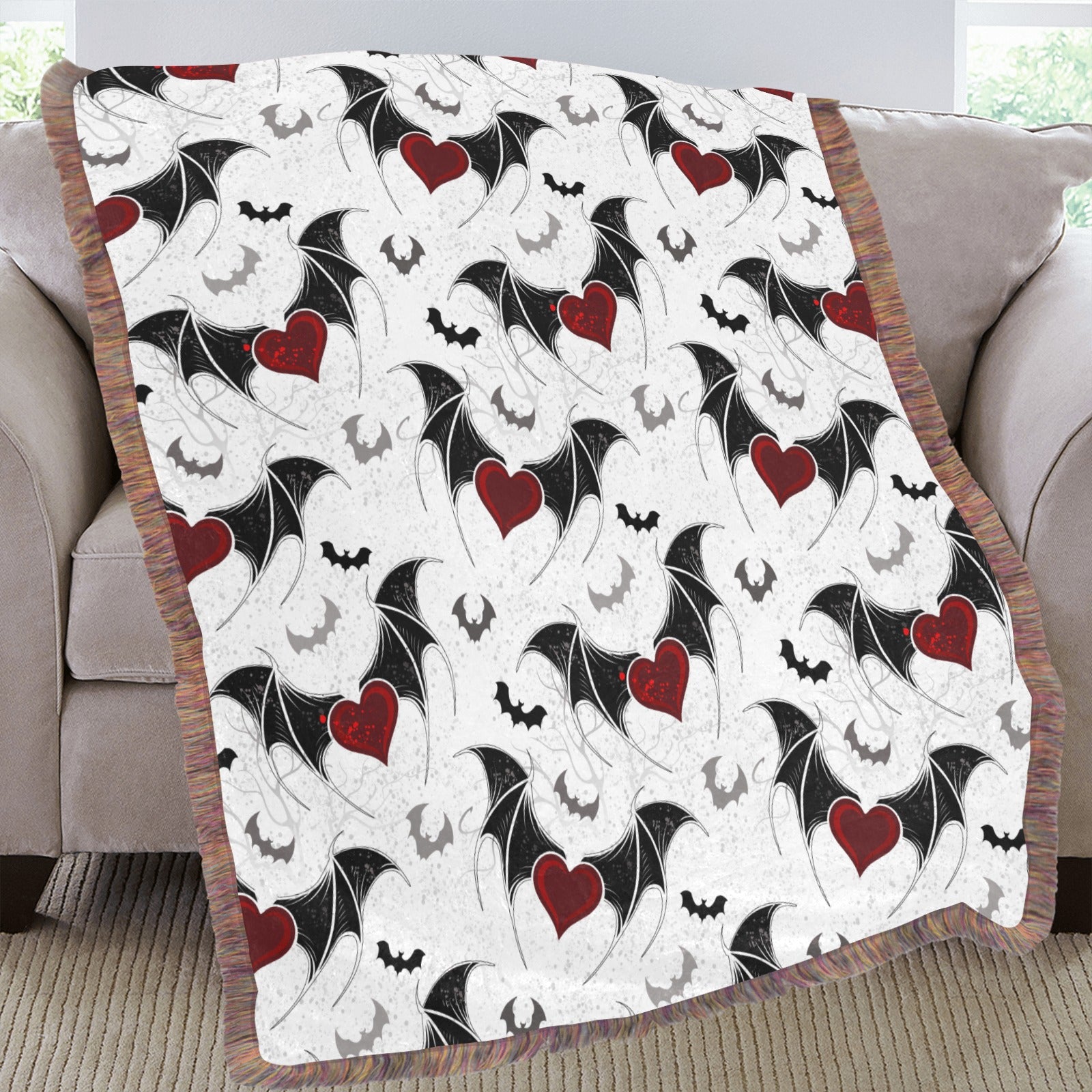 Bats and Hearts Ultra Soft Mixed Fringe Blanket - 60x80 Inch Cozy Throw Blanket for Bed, Couch & Home Decor | Halloween, Valentine's Day Gift Idea