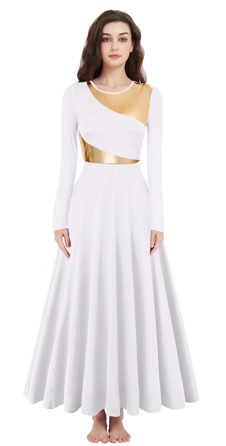 Women's Long Sleeve Metallic Praise Dance Dress - Liturgical Worship Costume for Church Performances & Lyrical Dance | Perfect for Sunday Services, Choir Performances & Spiritual Events