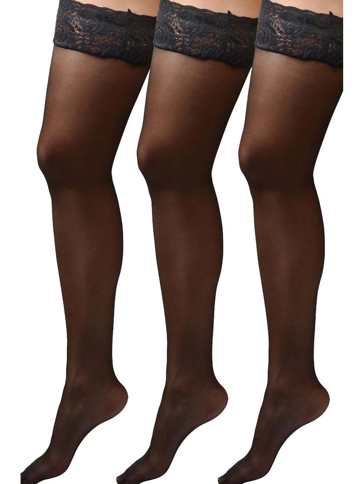 Angelique Women's Plus Size Sheer Lace Top Thigh High Stockings - 3 Pack Black Hosiery for Garter Belt | Perfect for Bridal, Cosplay & Special Occasions