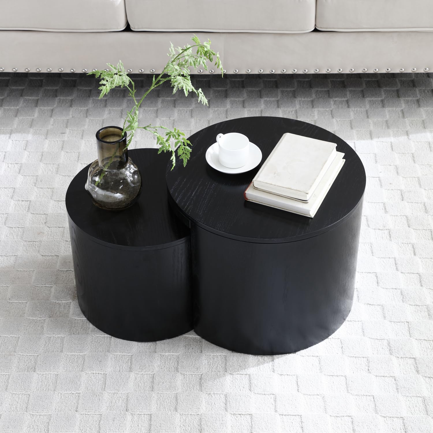 Modern Round Nesting Coffee Table Set of 2 - Wooden Drum Side Tables with Non-Slip Feet for Small Spaces | Perfect for Living Room, Bedroom, Balcony & Office Decor | Black Accent Tables