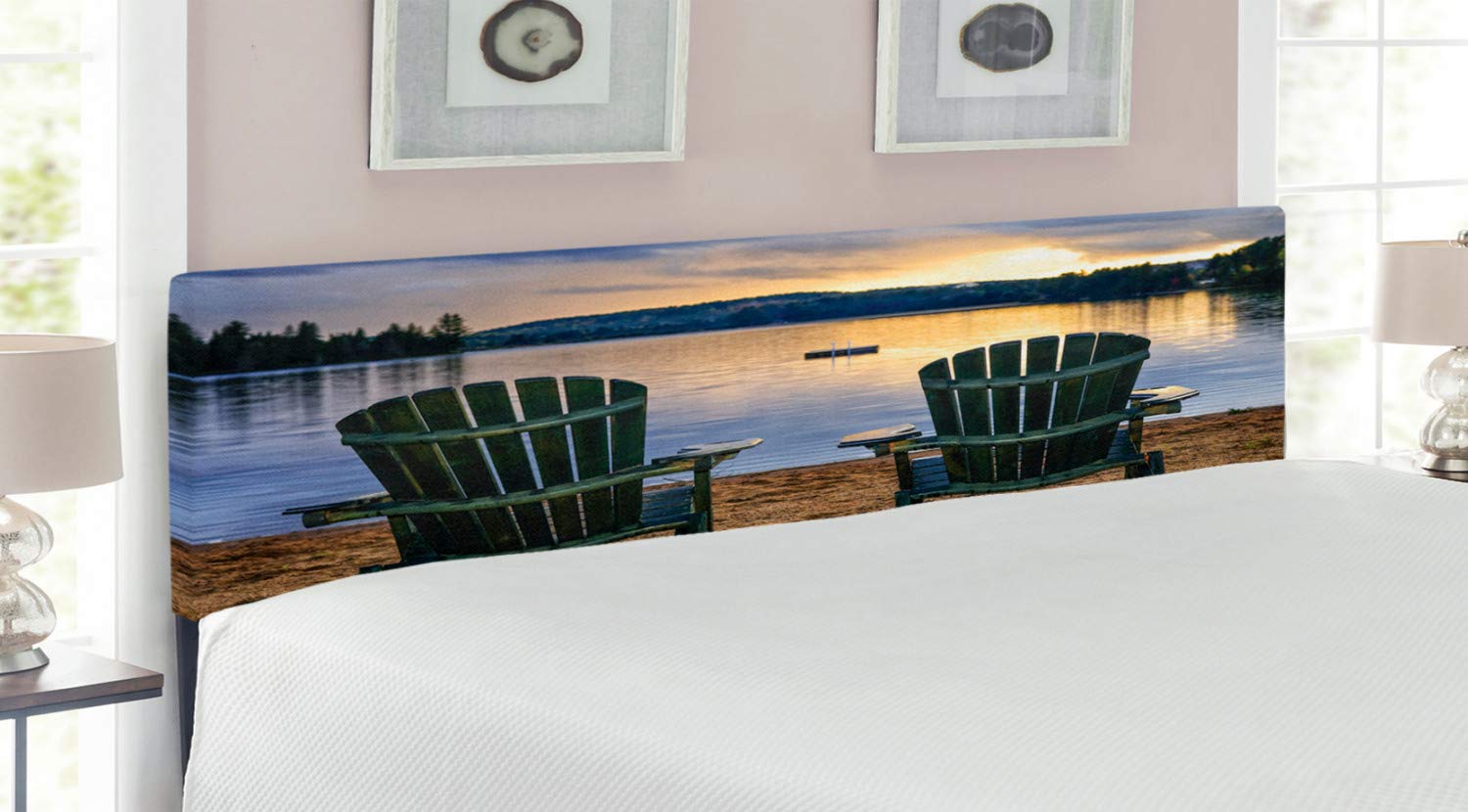 Ambesonne King Size Upholstered Metal Bed Headboard with Memory Foam - Navy Green Seaside Design Featuring 2 Wooden Chairs at Sunset Lakeside in Algonquin Park Canada | Perfect for Coastal, Cottage or Bedroom Decor