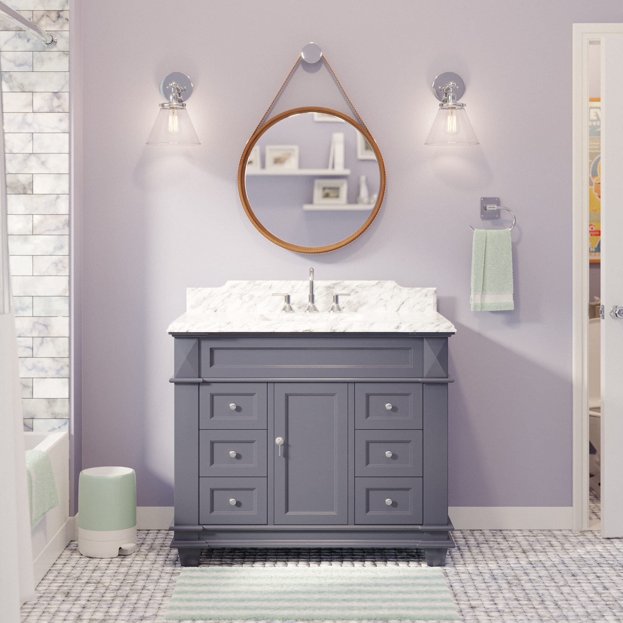42-Inch Bathroom Vanity with Carrara Marble Top - Marine Gray Cabinet & White Ceramic Sink | Modern Bathroom Furniture for Small Spaces | Perfect for Master Bath, Guest Bath & Apartment Renovations
