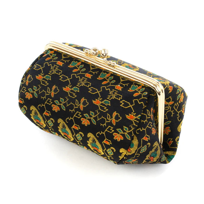 Nishijin Woven Small Pouch - Floral Fruit Tree Design in Black | Handmade in Kyoto Japan | Cosmetic Makeup Bag, Japanese Gamaguchi Pouch | Perfect for Travel Toiletry, Stationery & Bag Organization (Ideal for Daily Use, Gift Giving & Japanese Culture Enthusiasts)