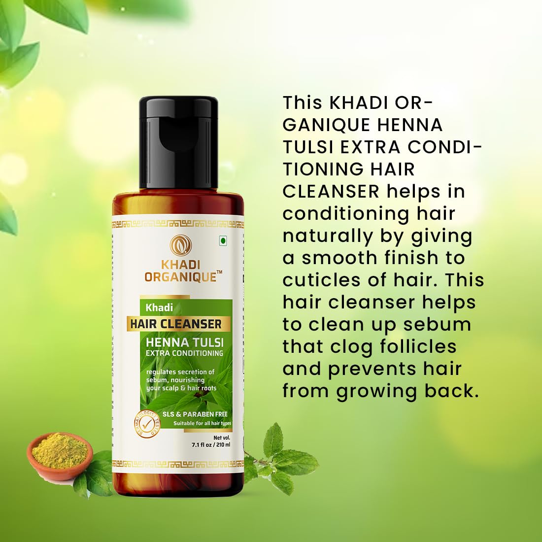 Khadi Organique Henna Tulsi Extra Conditioning Hair Cleanser - SLS & Paraben Free, 210ml | Natural Ayurvedic Shampoo for Dry & Damaged Hair | Perfect for Daily Hair Care & Scalp Nourishment