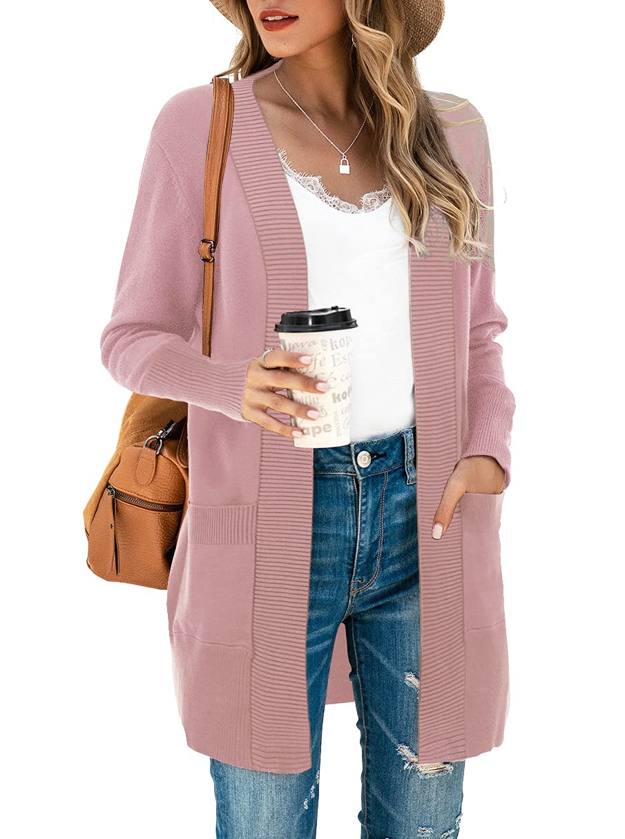 SUEANI Women's Open Front Long Sleeve Knit Cardigan with Pockets - Soft Casual Sweater for Fall & Winter, Perfect for Office, Lounge and Coffee Dates