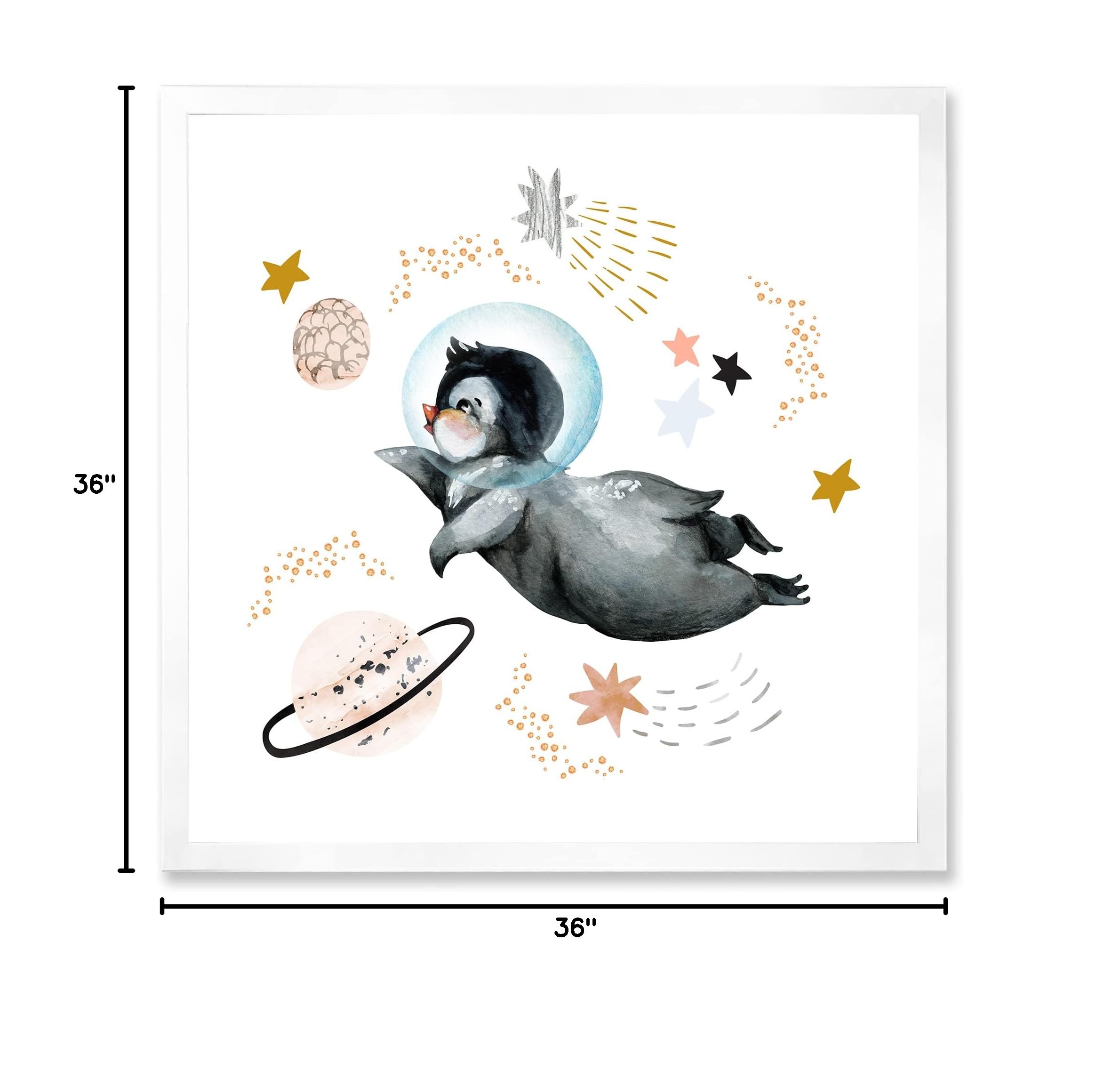 Little Penguin Flying Stars and Planets II Farmhouse Framed Wall Art - Nursery Decor, Kids Room Wall Art, Living Room Decor, Bedroom Wall Decor