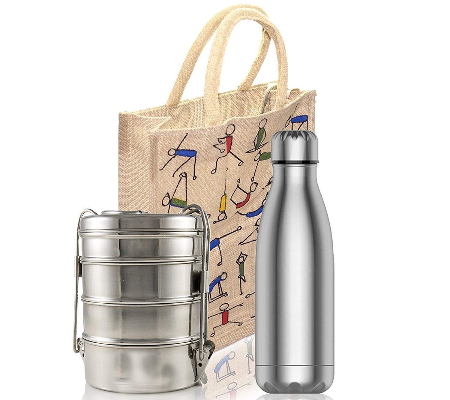 Eco-Friendly Jute Lunch Bags for Men & Women | Reusable Zippered Jute Shopping Tote with Yoga Print | Sustainable Tiffin Carrier & Grocery Bag | Pack of 2 | Perfect for Office, Picnics & Yoga Classes