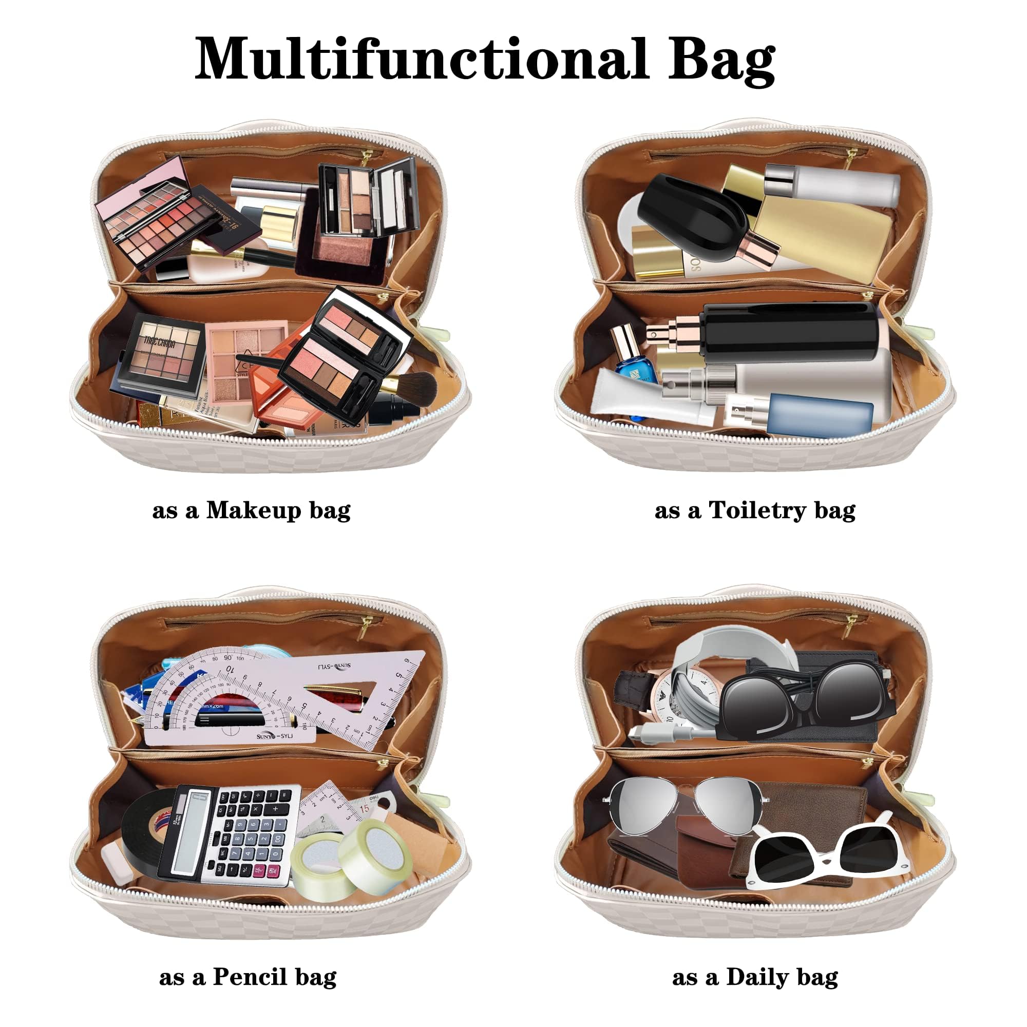 Large Checkered Makeup Bag for Women - Waterproof Travel Cosmetic Organizer with Multiple Pockets (White Checkered Pattern) | Perfect for Travel, Gym, Daily Use & Gift Giving