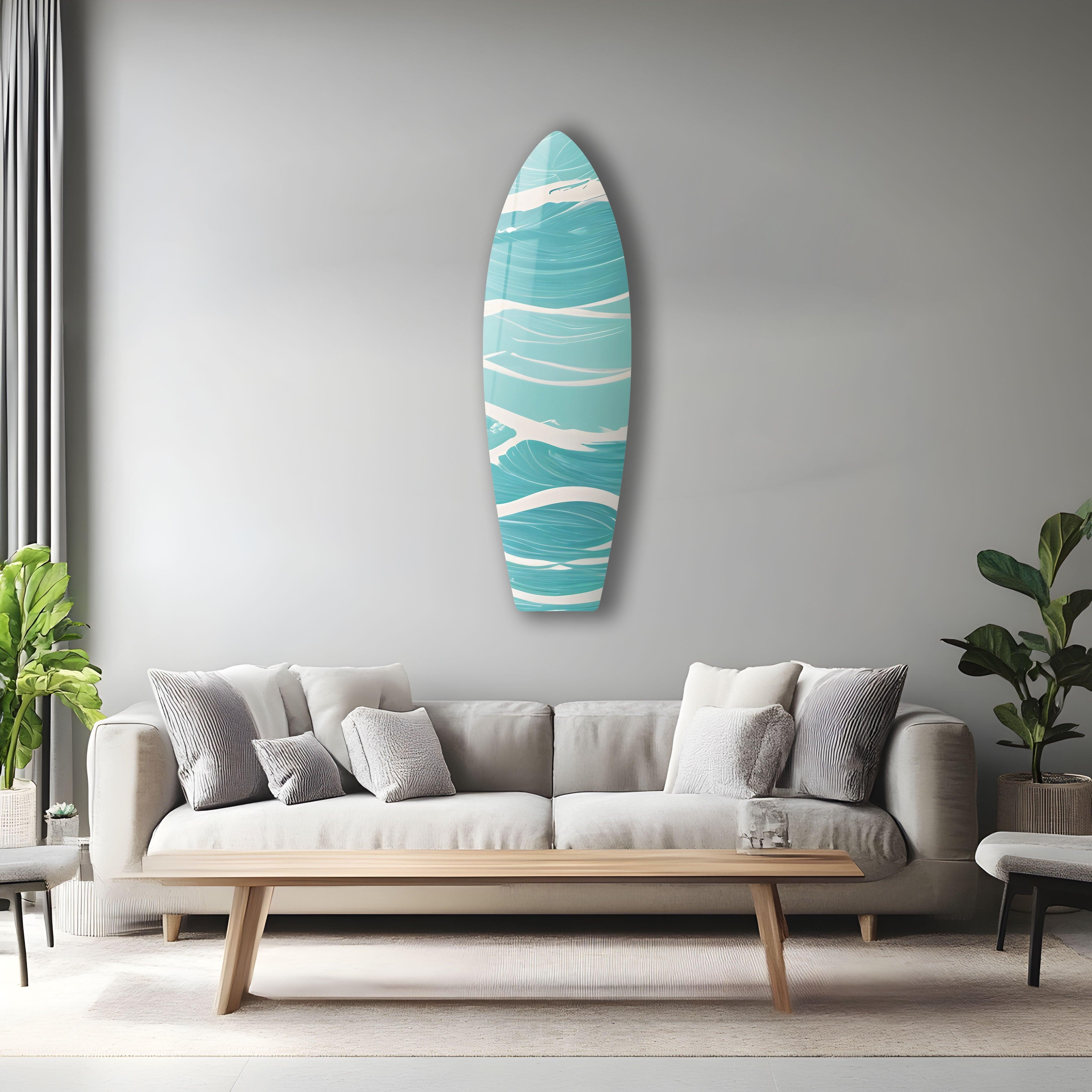 Blue Sea Wave Surfboard Wall Art - Coastal Beach Decor for Living Room, Bedroom & Office - Perfect Surfing Theme Home Decoration