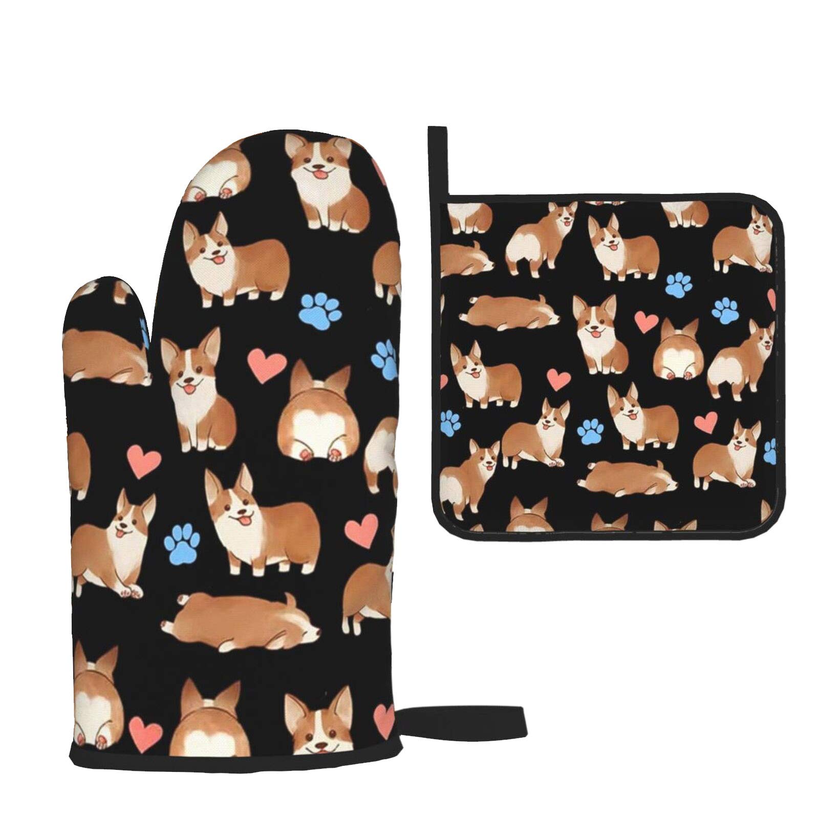 Heat Resistant Oven Mitts and Pot Holders Set - Non-Slip Kitchen Gloves with Inner Cotton Layer for Cooking, Baking, BBQ & Grilling - Cute Corgi Dog Design for Home Kitchen Use
