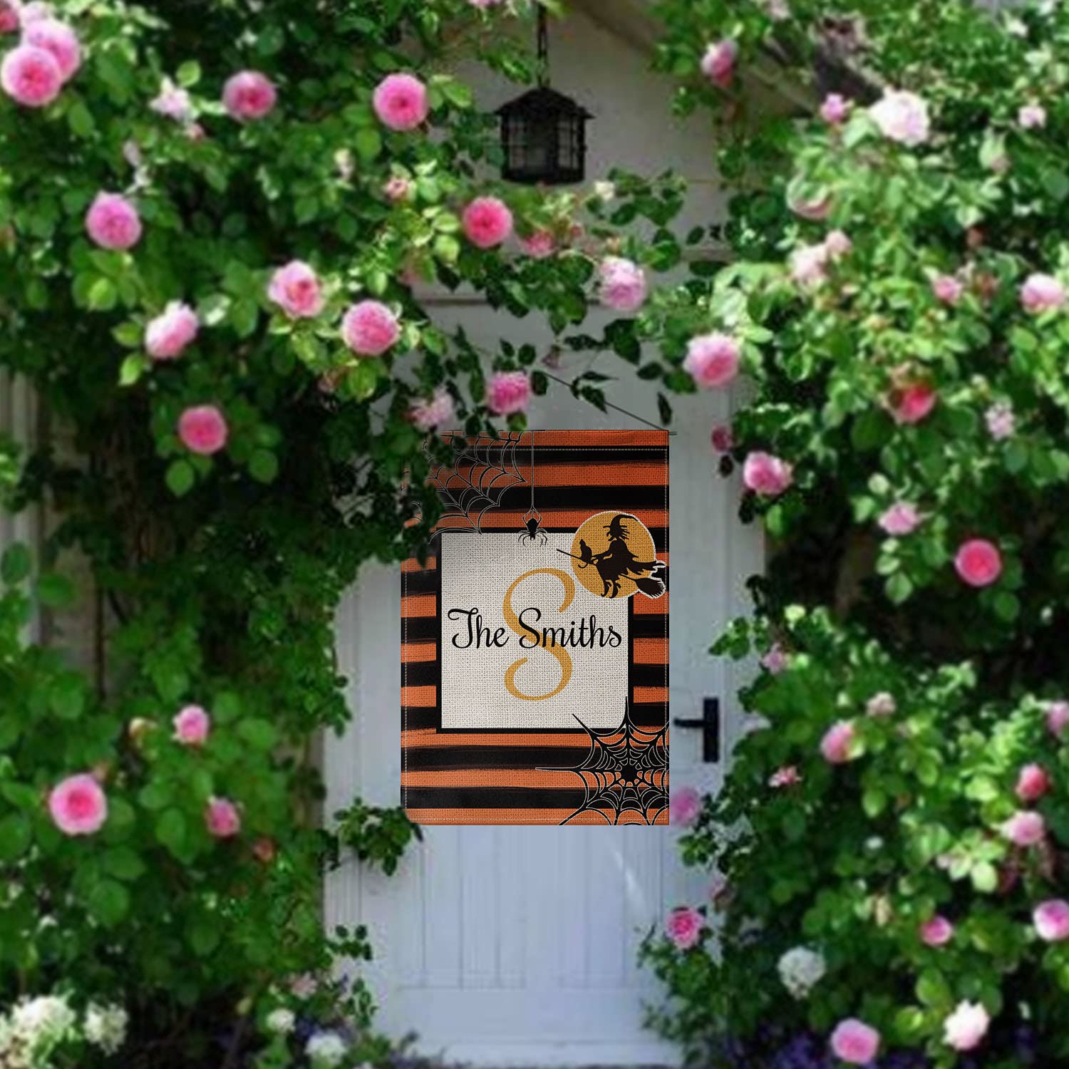 Personalized Halloween Wicked Witch on Broom House Flag - Custom Initial & Family Name, Double-Sided 28x40 Inch Rustic Burlap Outdoor Decor for Yard, Porch & Farmhouse - Perfect for Halloween Party Decorations & Seasonal Home Display