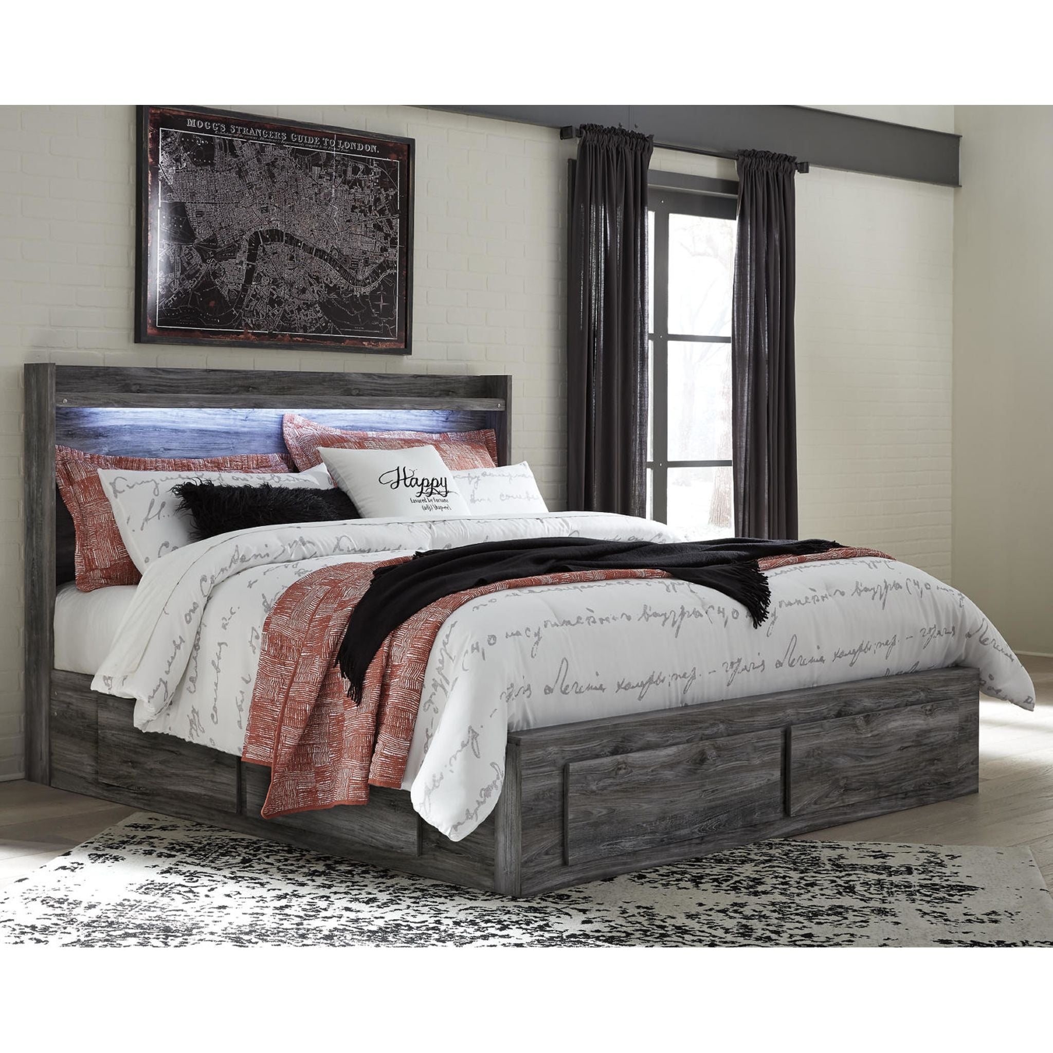 Baystorm Panel Bed with 4 Drawer Storage - Gray Queen Size Bed Frame with Underbed Storage | Modern Bedroom Furniture for Small Spaces & Guest Rooms