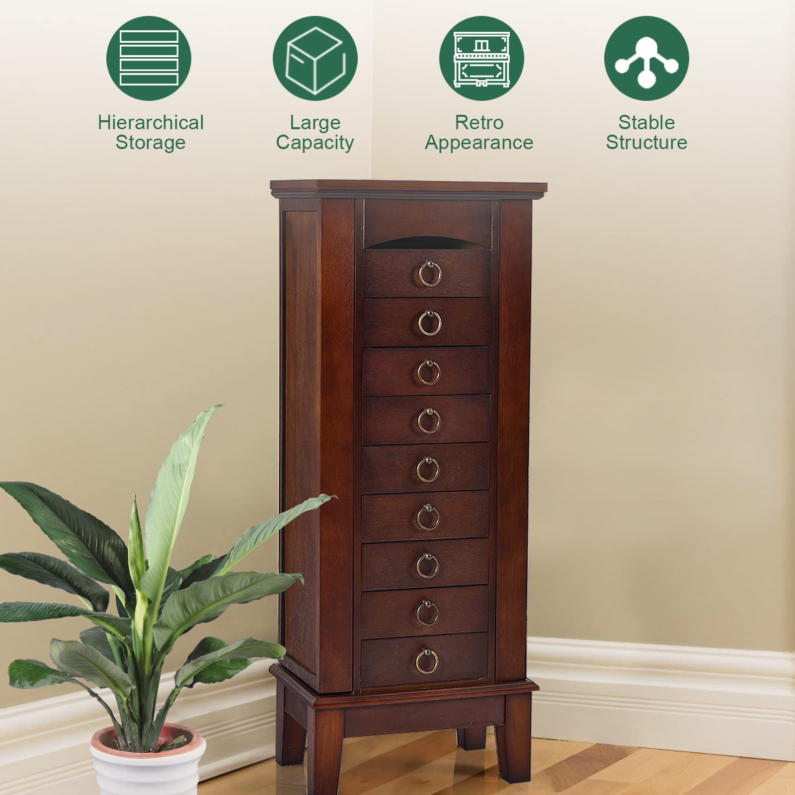 Wooden Jewelry Armoire Cabinet with Flip Top Mirror - 9 Drawers & 2 Side Doors for Necklaces, Bracelets, Earrings - Large Capacity Standing Jewelry Storage Organizer for Bedroom, Closet, or Dressing Room