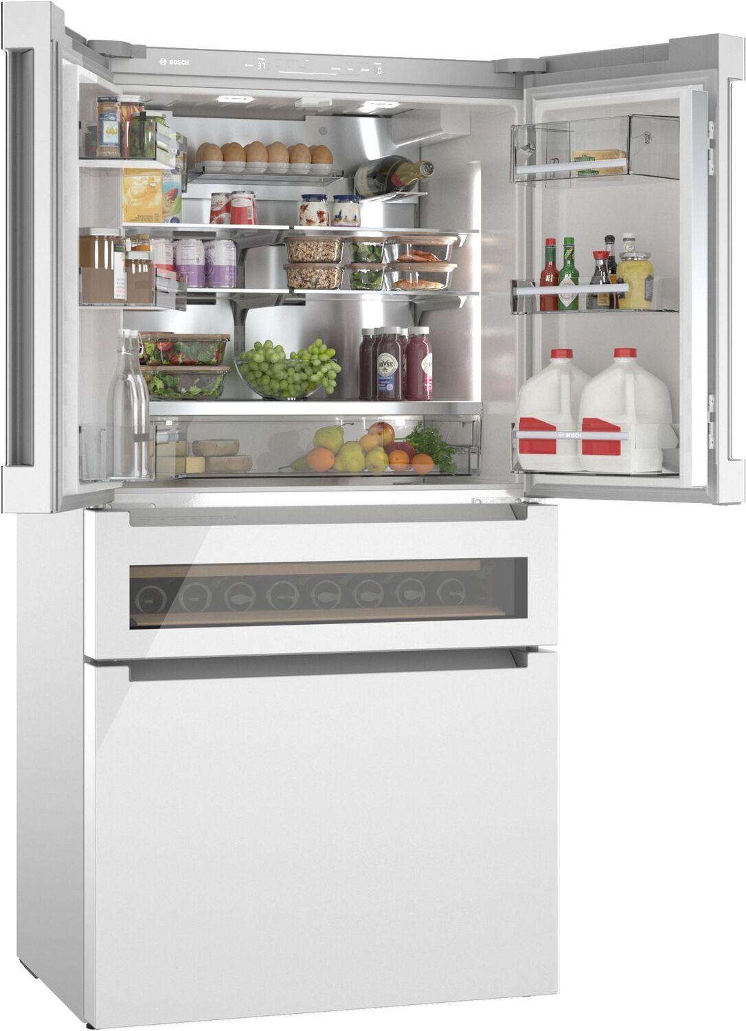 Bosch 800 Series 36 Inch French Door Bottom Freezer Refrigerator with Glass Door in White - Energy Efficient, Spacious Storage for Modern Kitchens