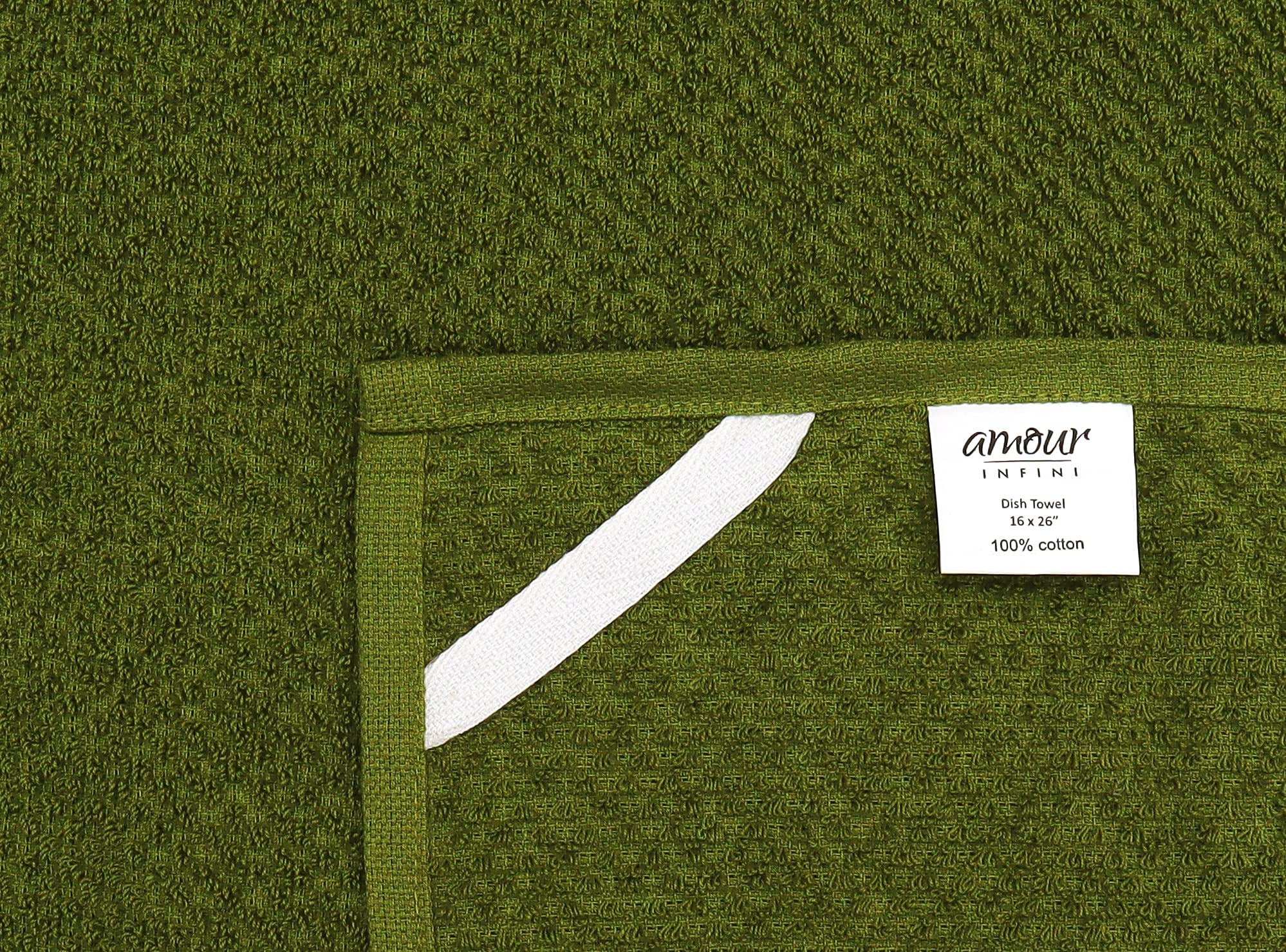 AMOUR INFINI Premium Cotton Kitchen Towels - Pack of 4 Absorbent & Quick Drying Dish Towels with Hanging Loop (16x28 Inch) - Ideal for Hand Drying, Dish Washing & Tea Time - Green