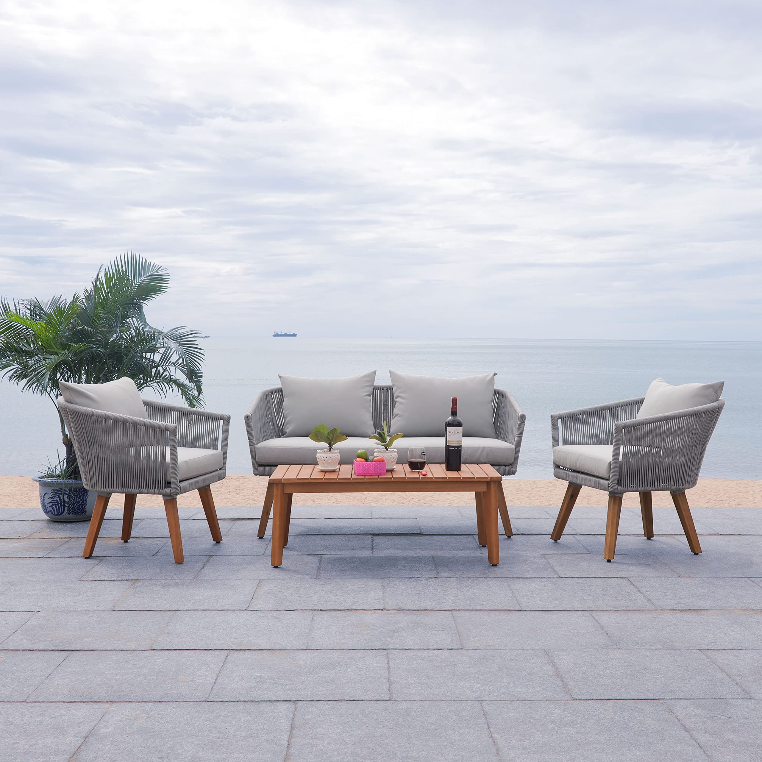 SAFAVIEH PAT7072A Outdoor Velso Rope 4-Piece Patio Set with Seat Cushions & Throw Pillows - Waterproof Garden Furniture for Backyard, Poolside or Deck - Perfect for Outdoor Relaxation & Entertaining