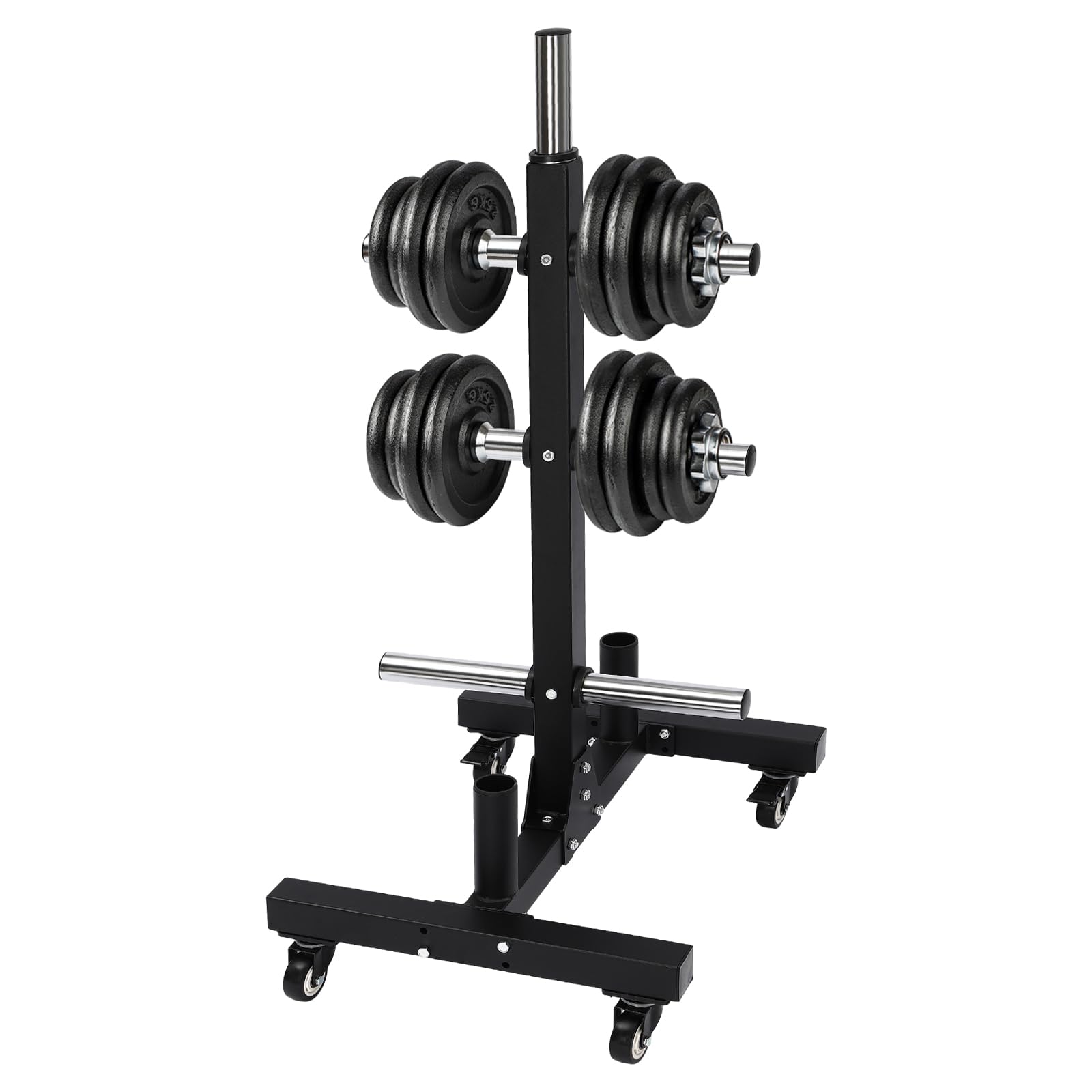 Olympic Weight Plate Tree & Bar Holder - Heavy Duty Bumper Plate Storage Rack with Wheels for Home Gym - Vertical Barbell Organizer for Weightlifting & CrossFit Training