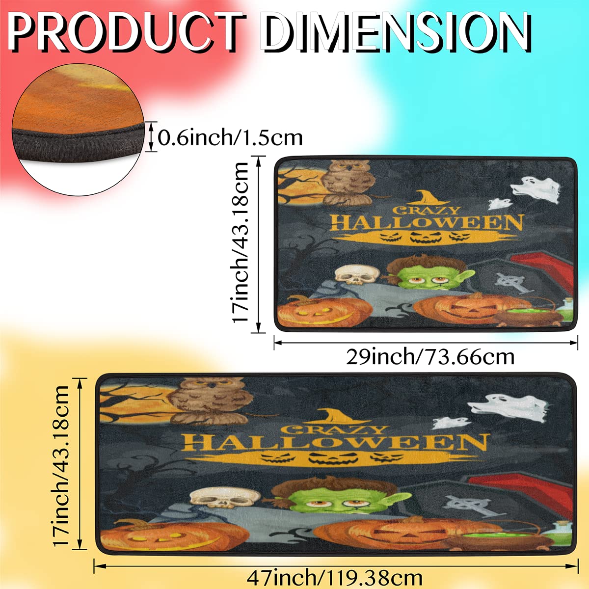Non-Slip Washable Kitchen Rugs Set of 2 - Halloween Monsters Design Floor Mats for Kitchen, Bathroom, Living Room, Laundry, Bedroom & Entryway - Perfect for Home Decor, Safety & Comfort
