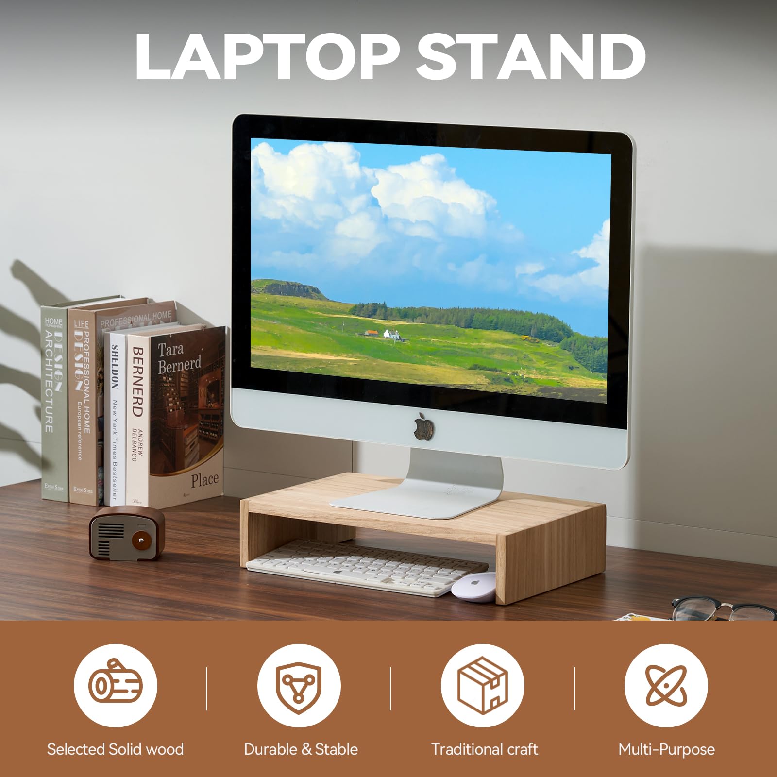Premium Wooden Monitor Stand - Adjustable Desk Riser for Computer, Laptop & TV - Ergonomic Workspace Organizer with Storage Space - Natural Wood Finish (39