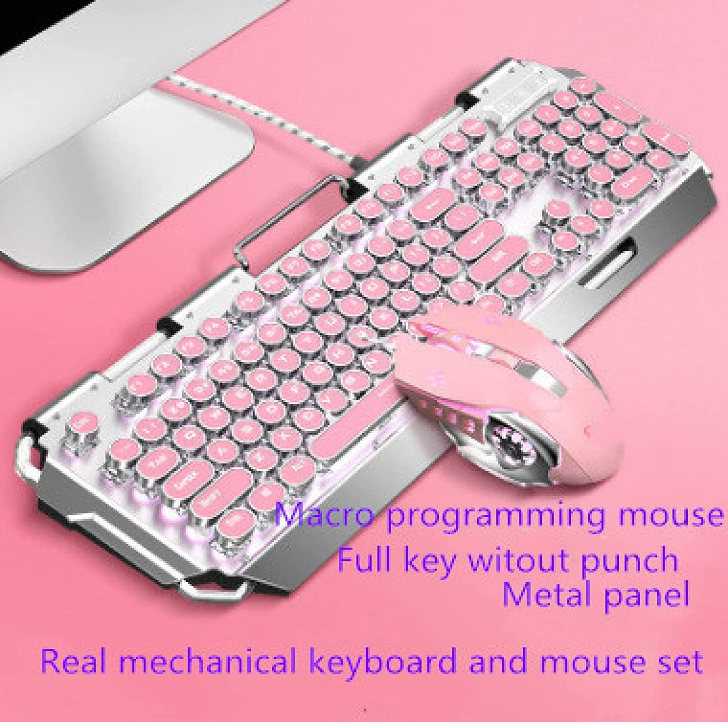 Cherry Pink Mechanical Keyboard and Mouse Set for Girls - Retro Round Keycaps, RGB Backlit, Wired USB Gaming Keyboard - Perfect for Gaming, Typing, and Office Use