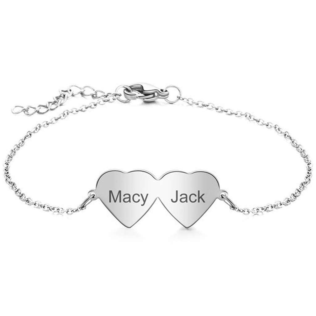 Custom Name Bracelet for Women & Girls - Personalized Stainless Steel Engraved Name Bracelet with Heart Charms - Unique Jewelry Gift for Birthday, Anniversary, Valentine's Day - Perfect for Everyday Wear & Special Occasions